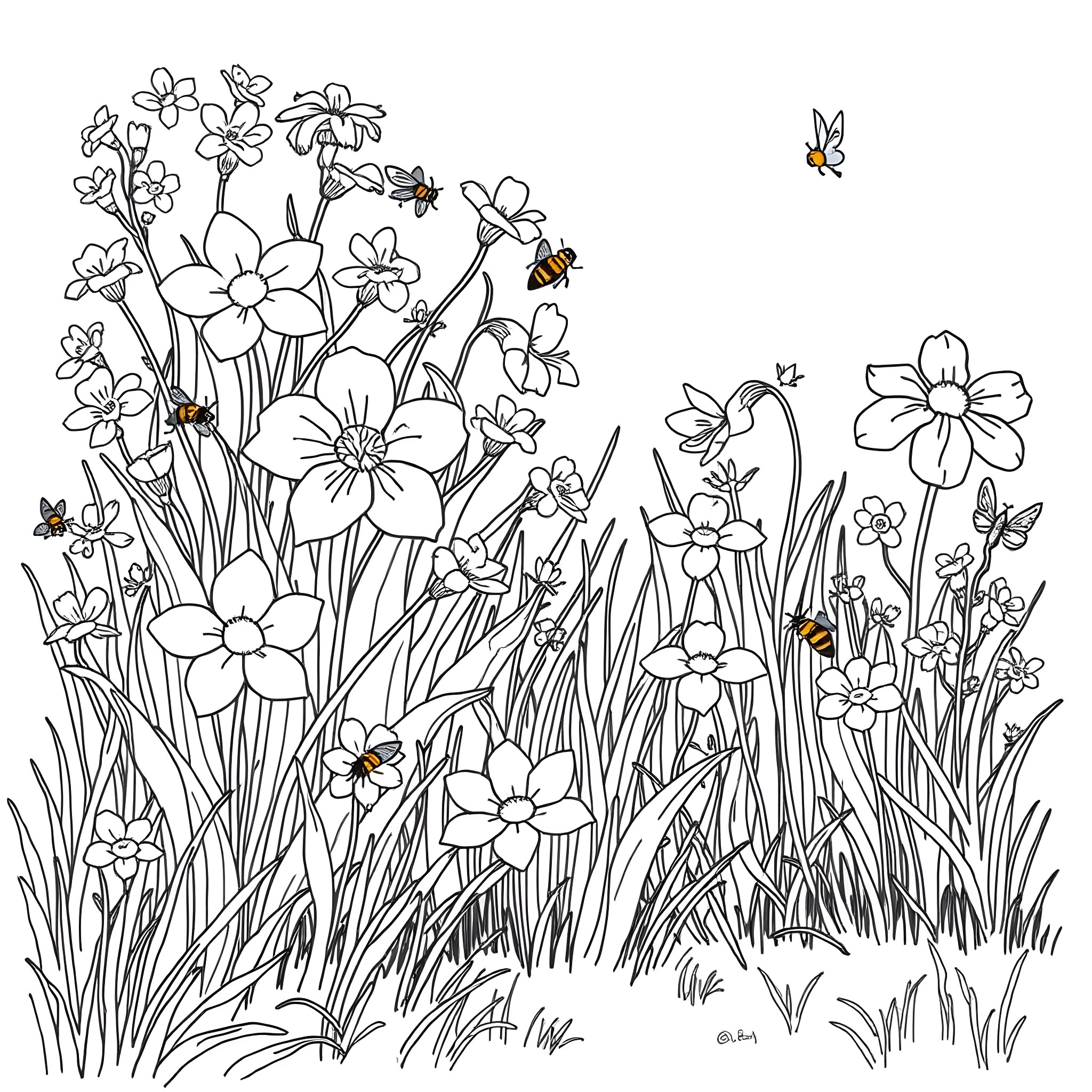 Flower meadow with buzzing bees Coloring Page (free black-and-white line drawing printable PDF for all, from beginners to advanced learners, including children, teens, adults, and seniors)