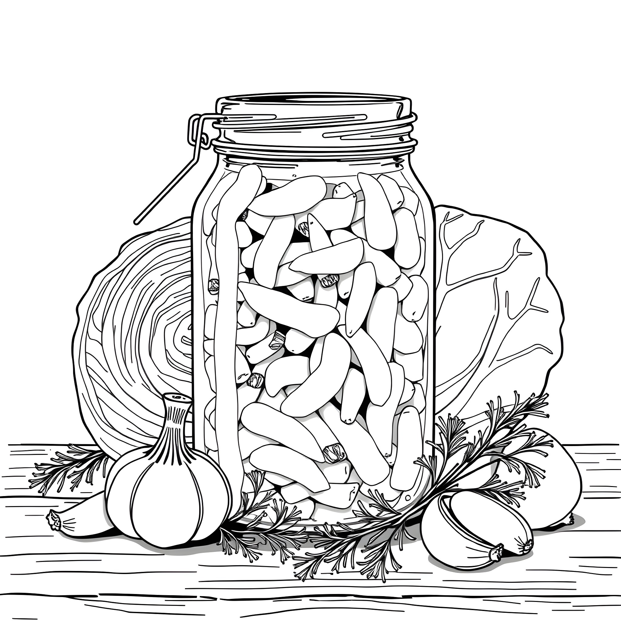Sauerkraut Delights in Rustic Jar Coloring Page (free black-and-white line drawing printable PDF for all, from beginners to advanced learners, including children, teens, adults, and seniors)
