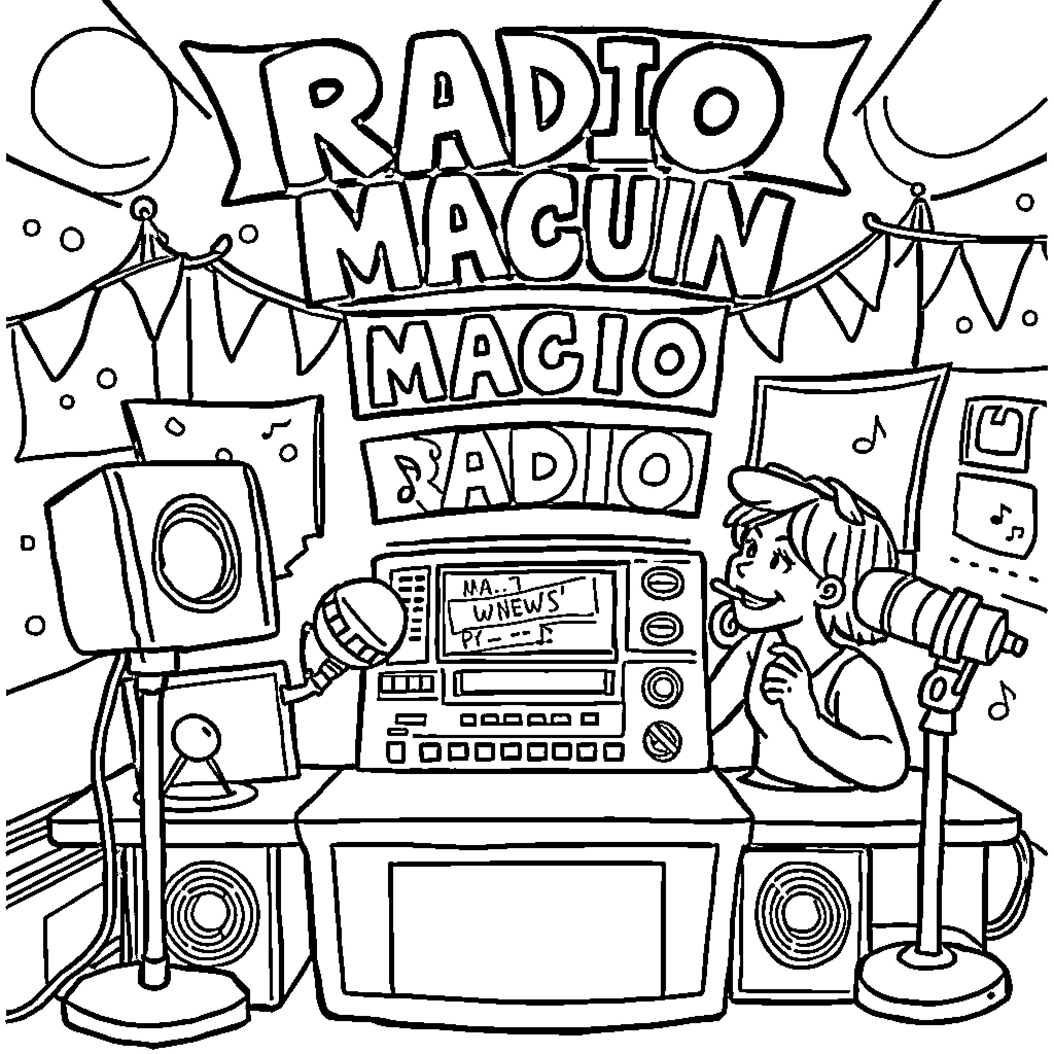 Radio-themed magic and music production studio Coloring Page (free black-and-white line drawing printable PDF for all, from beginners to advanced learners, including children, teens, adults, and seniors)