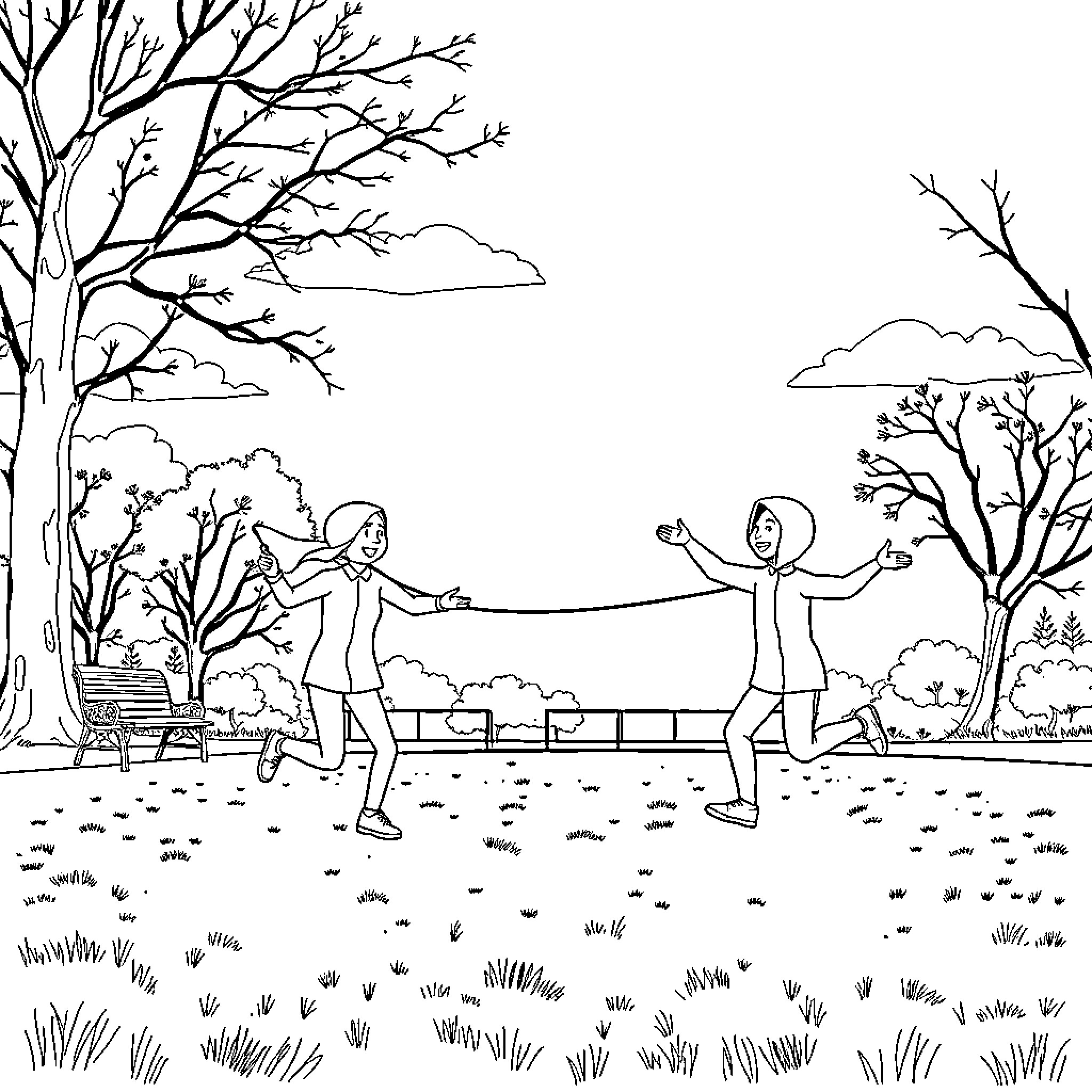 Ice Agent Plays with Friend in Autumn Park Coloring Page (free black-and-white line drawing printable PDF for all, from beginners to advanced learners, including children, teens, adults, and seniors)