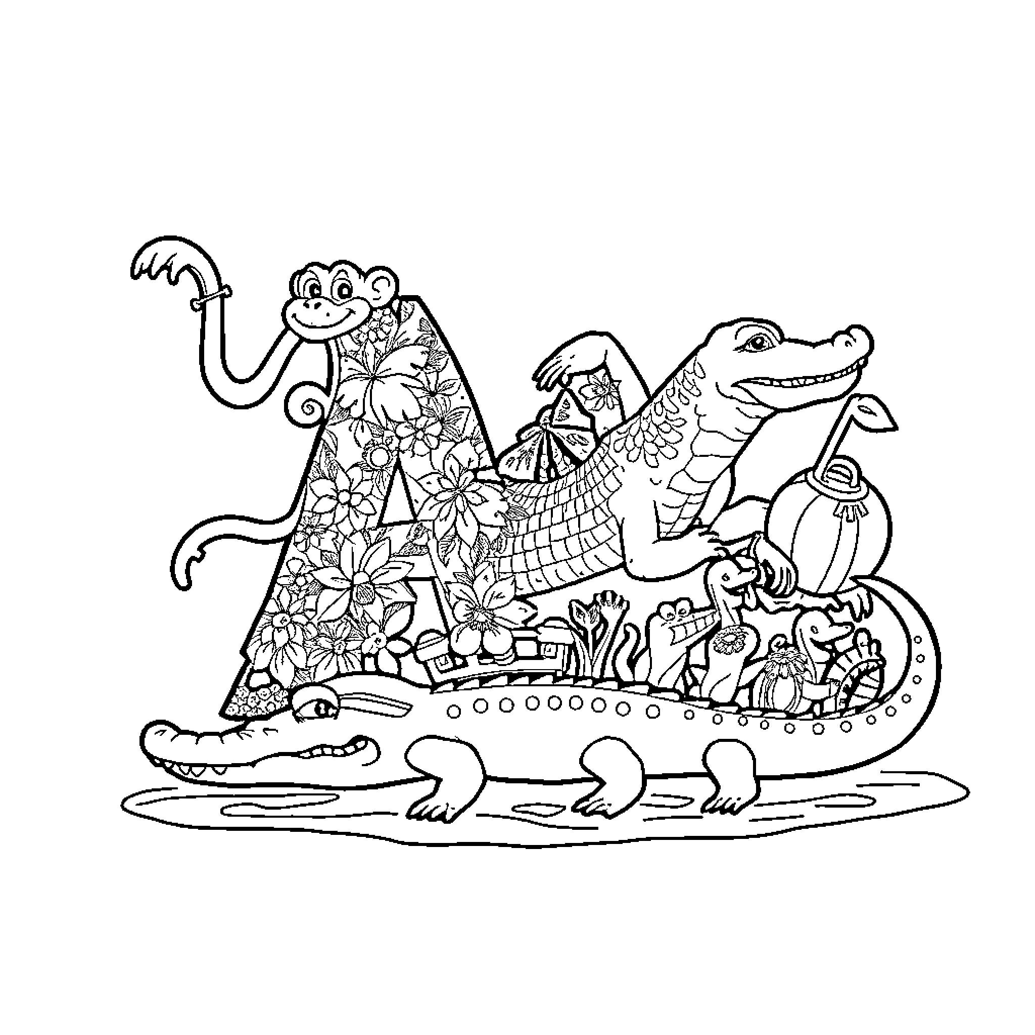 Letter A Fancy Decorated Animal Figures Coloring Page (free black-and-white line drawing printable PDF for all, from beginners to advanced learners, including children, teens, adults, and seniors)