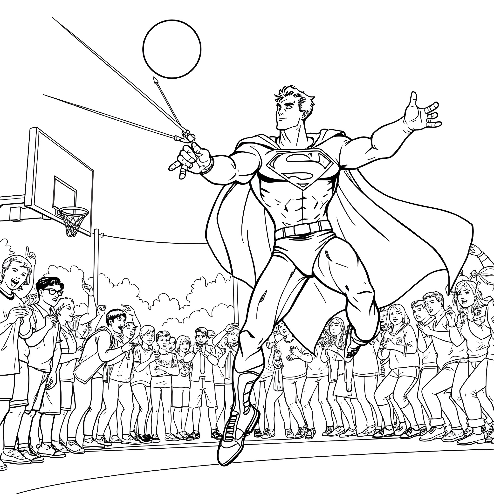 Spiderman leaping into action with a crowd of onlookers Coloring Page (free black-and-white line drawing printable PDF for all, from beginners to advanced learners, including children, teens, adults, and seniors)