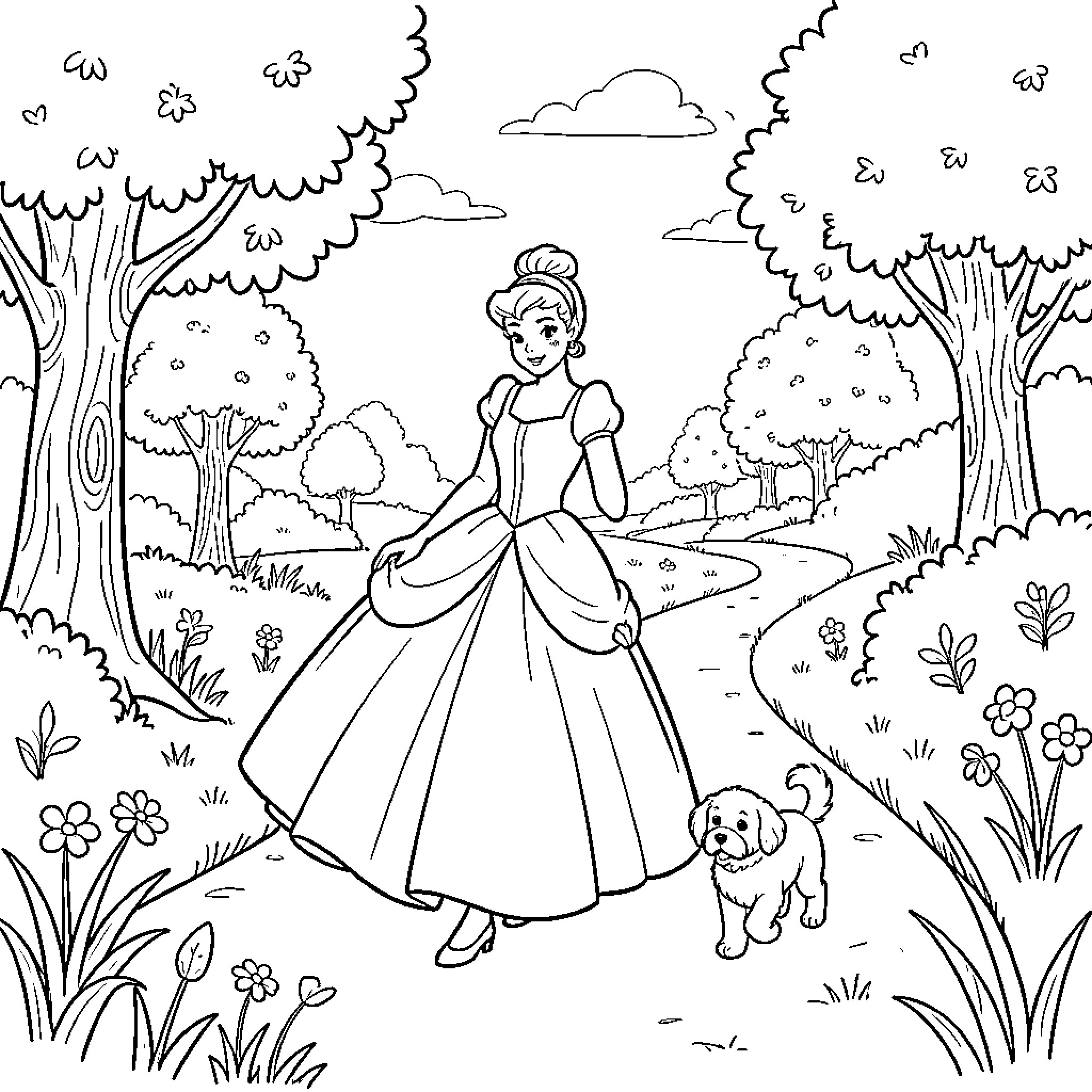 Cinderella walking through a garden with her dog Coloring Page (free black-and-white line drawing printable PDF for all, from beginners to advanced learners, including children, teens, adults, and seniors)