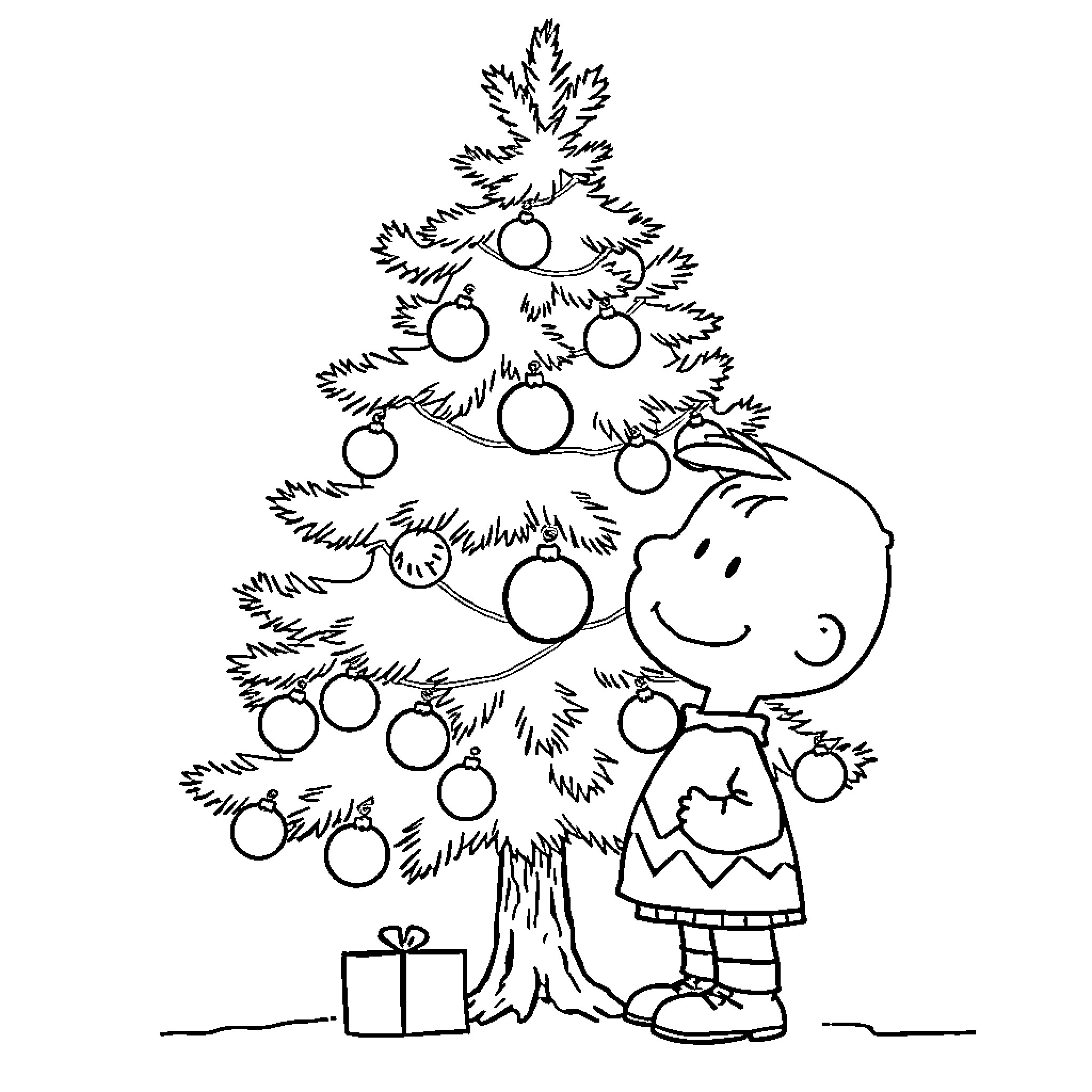 Charlie Brown decorates the Christmas tree Coloring Page (free black-and-white line drawing printable PDF for all, from beginners to advanced learners, including children, teens, adults, and seniors)
