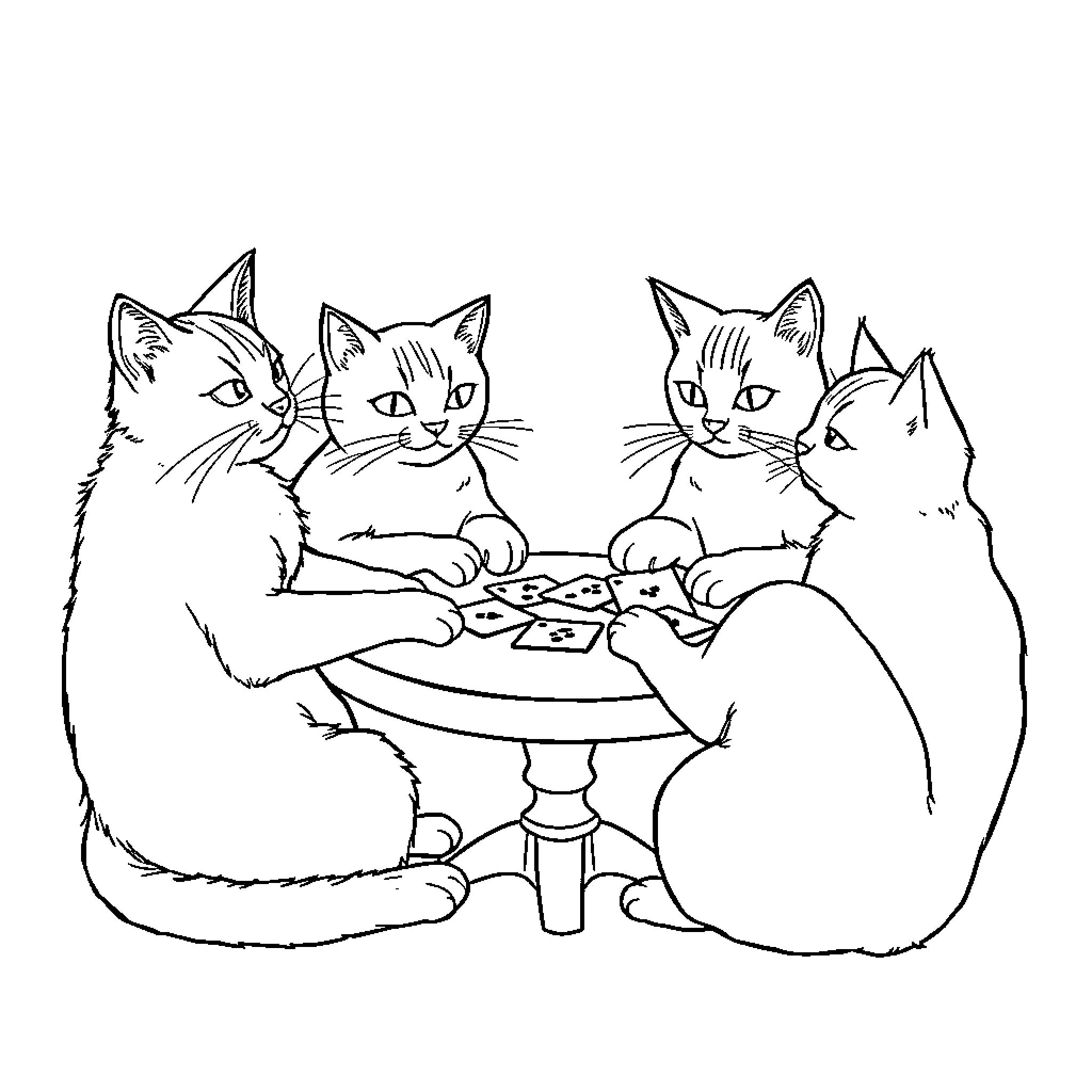 Cats Enjoying a Meal Together Coloring Page (free black-and-white line drawing printable PDF for all, from beginners to advanced learners, including children, teens, adults, and seniors)