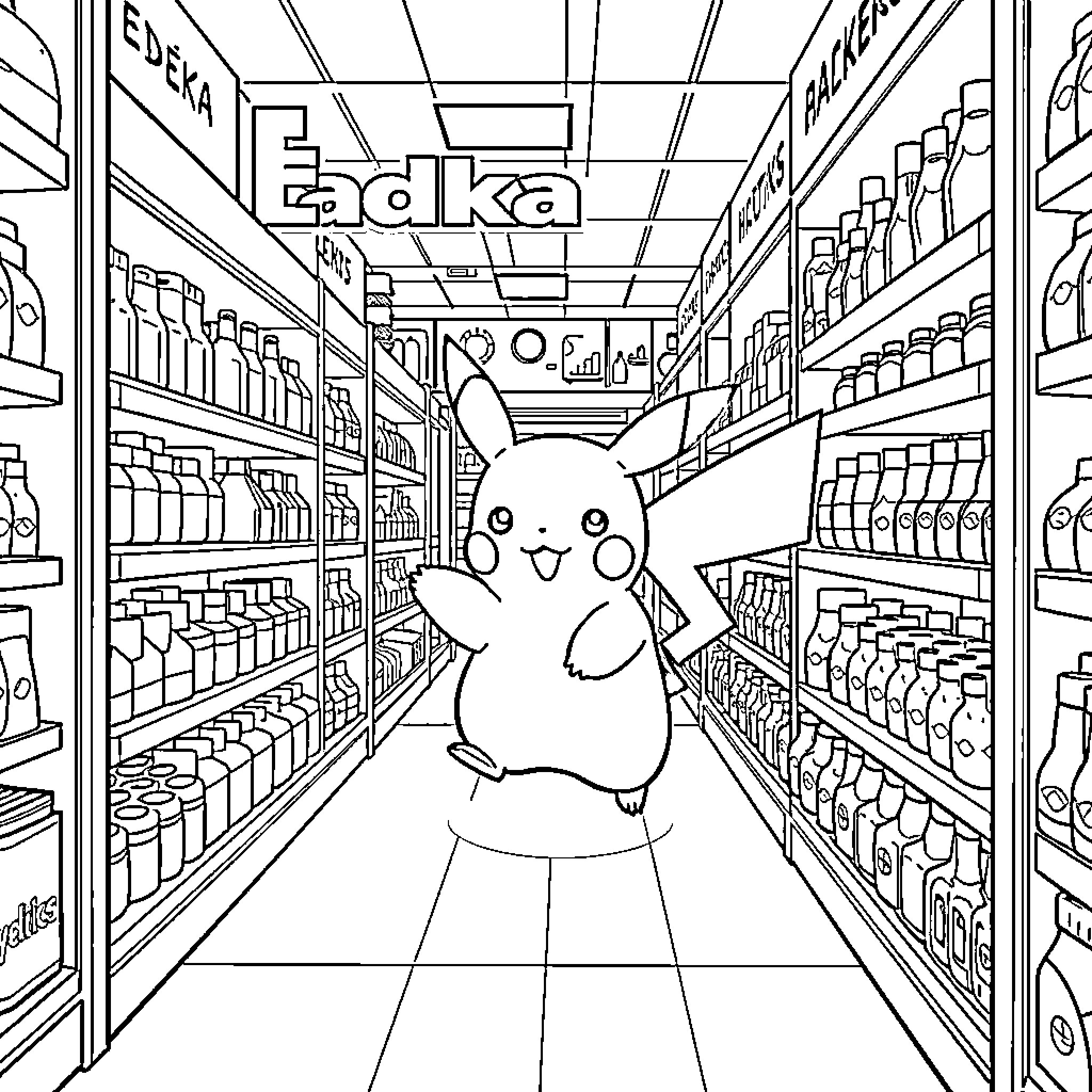 Pikachu exploring a grocery store Coloring Page (free black-and-white line drawing printable PDF for all, from beginners to advanced learners, including children, teens, adults, and seniors)
