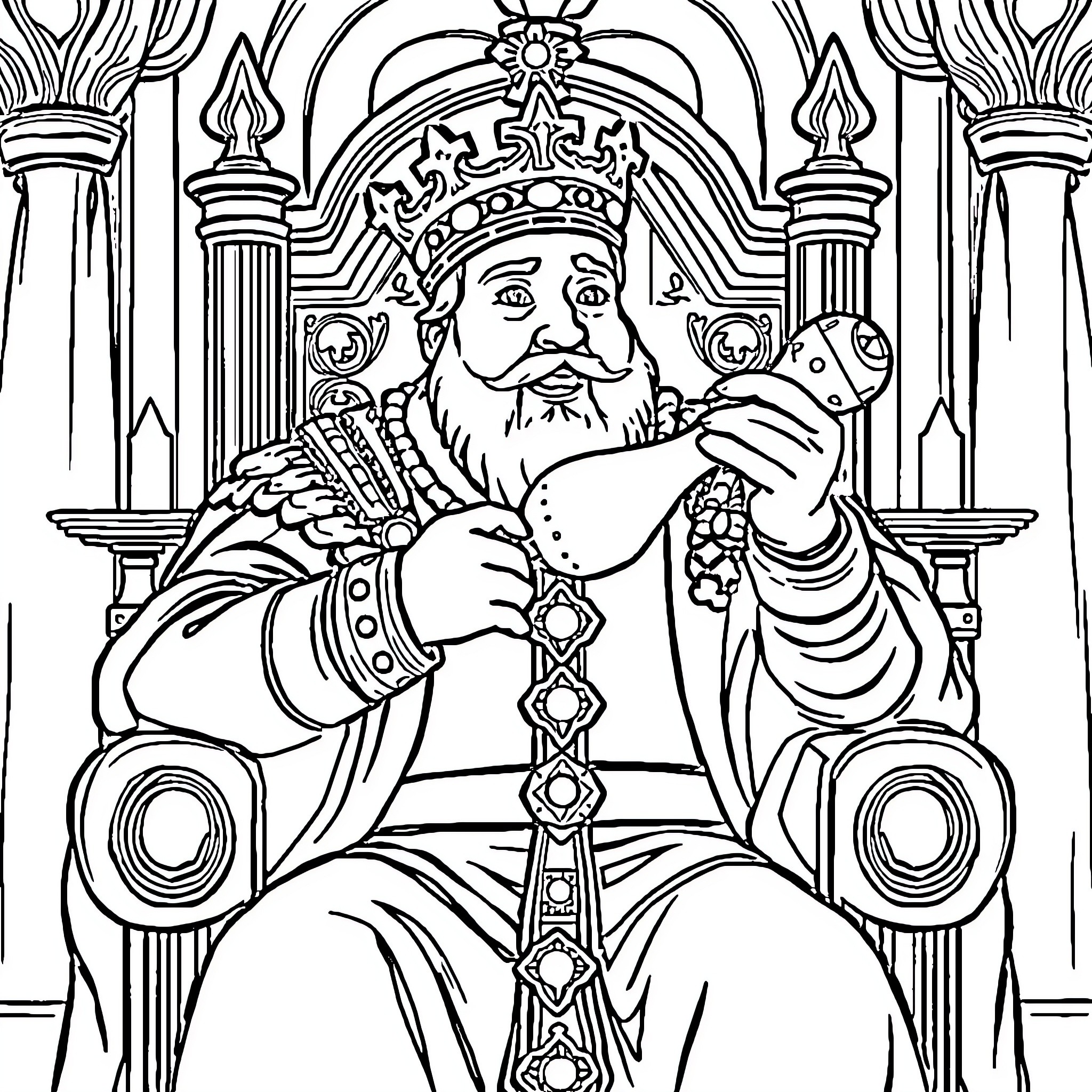 Turkey Monarch Sitting on Throne with Ornate Decor Coloring Page (free black-and-white line drawing printable PDF for all, from beginners to advanced learners, including children, teens, adults, and seniors)