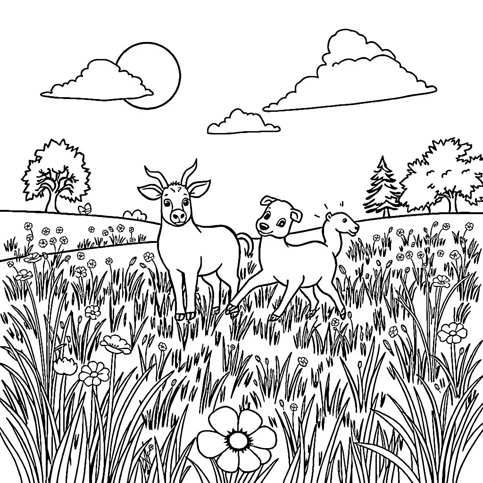 Animal Herd Grazing in Idyllic Meadow Coloring Page (free black-and-white line drawing printable PDF for all, from beginners to advanced learners, including children, teens, adults, and seniors)