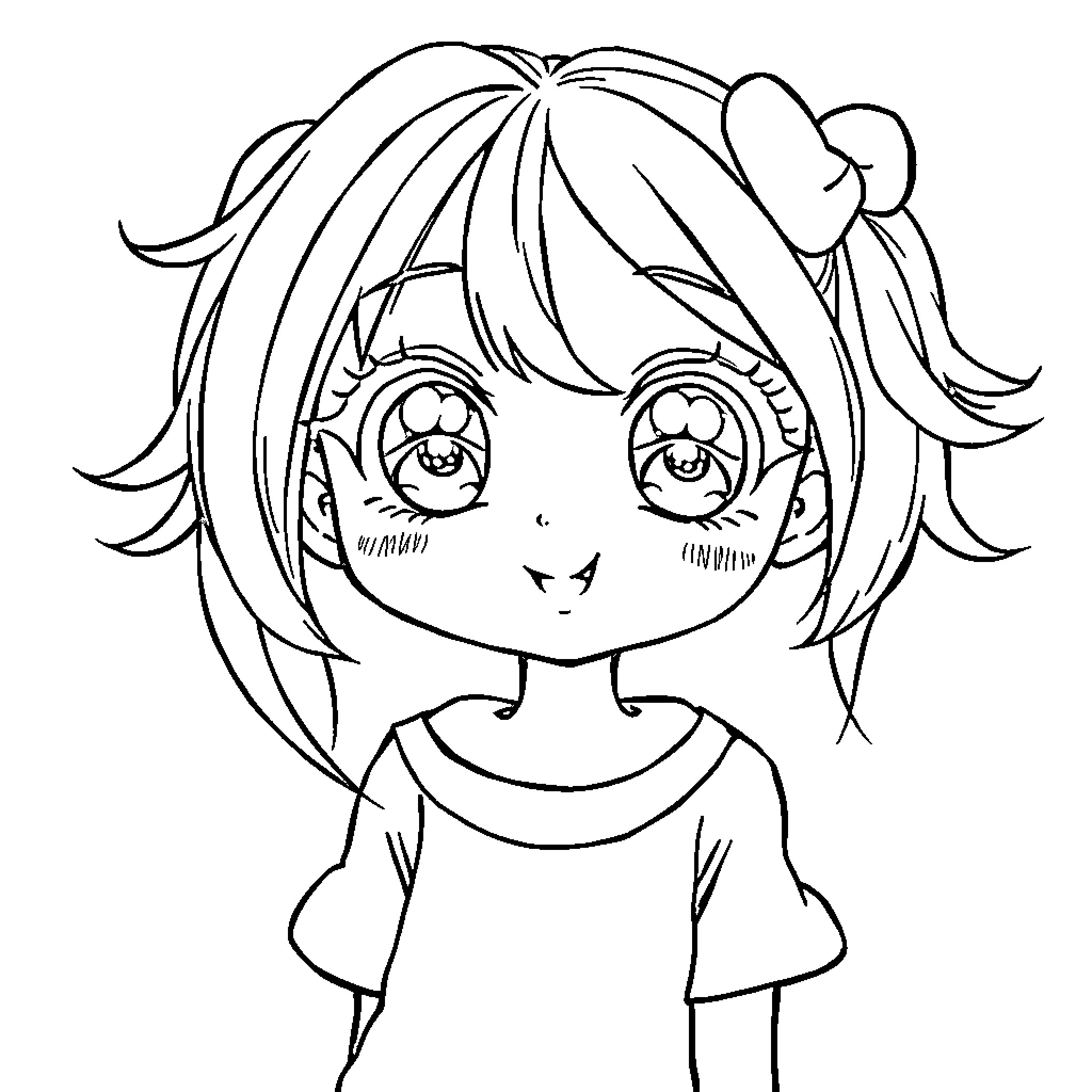 Anime Girl with Expressive Eyes and Unique Hairstyle Coloring Page (free black-and-white line drawing printable PDF for all, from beginners to advanced learners, including children, teens, adults, and seniors)