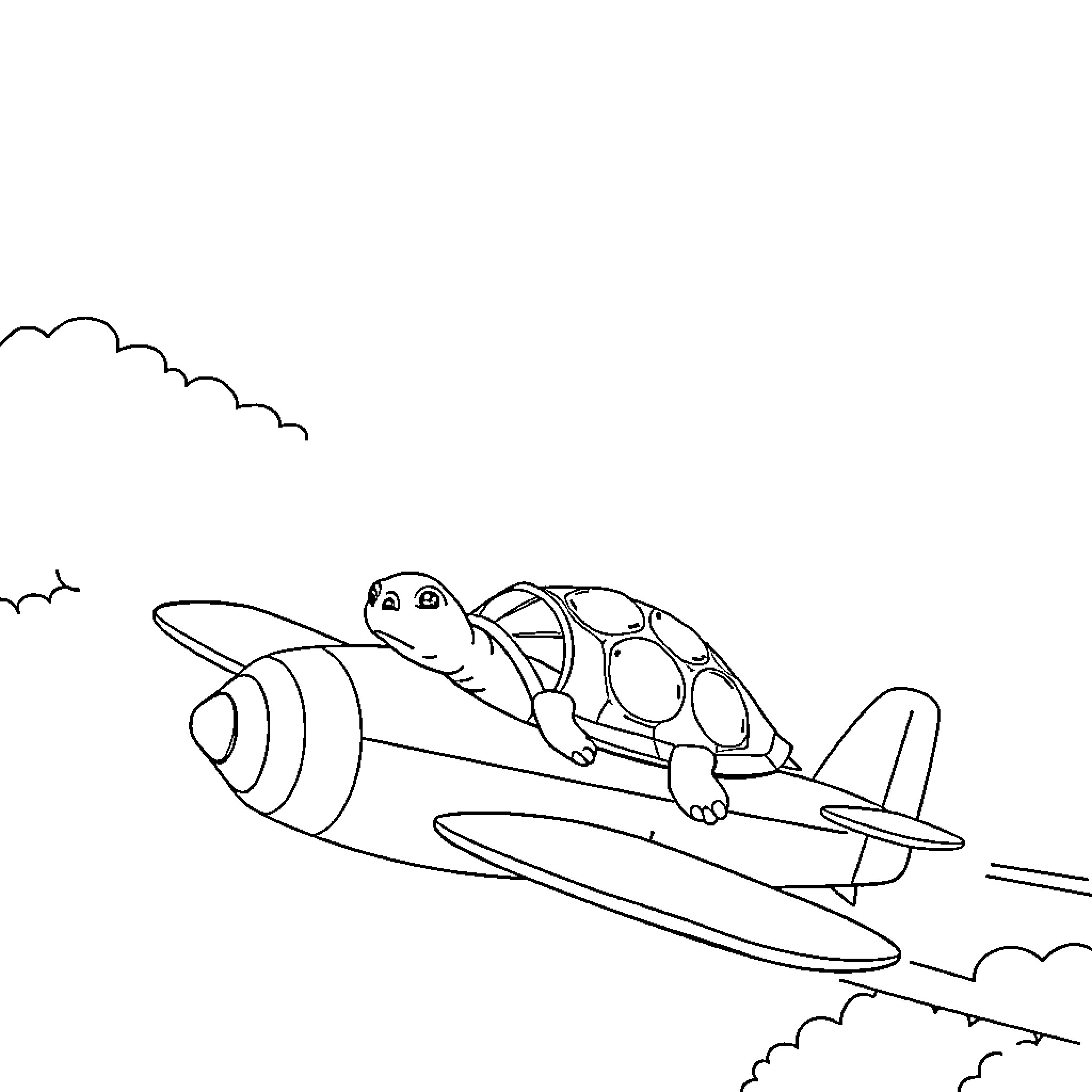 Turtle flying a plane through the clouds Coloring Page (free black-and-white line drawing printable PDF for all, from beginners to advanced learners, including children, teens, adults, and seniors)