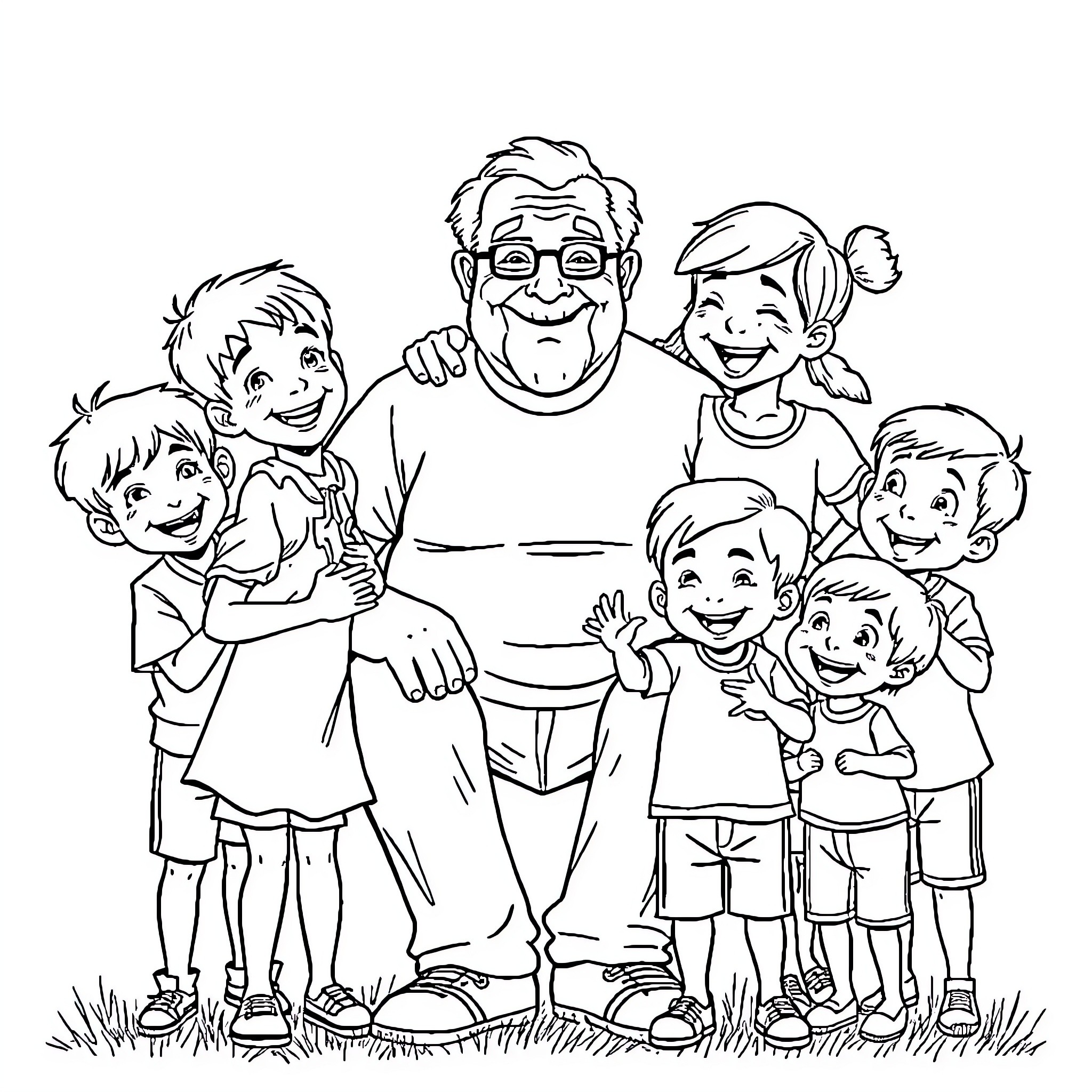 Grandparent surrounded by joyful grandchildren Coloring Page (free black-and-white line drawing printable PDF for all, from beginners to advanced learners, including children, teens, adults, and seniors)