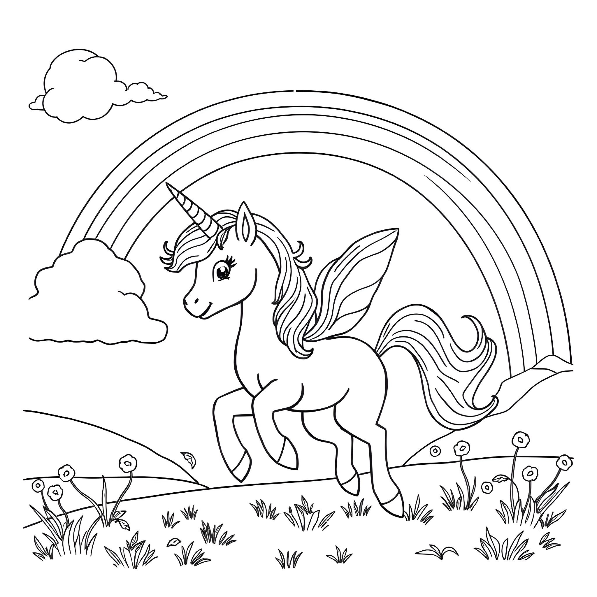 Bluey the Unicorn's Magical Rainbow Adventure Coloring Page (free black-and-white line drawing printable PDF for all, from beginners to advanced learners, including children, teens, adults, and seniors)