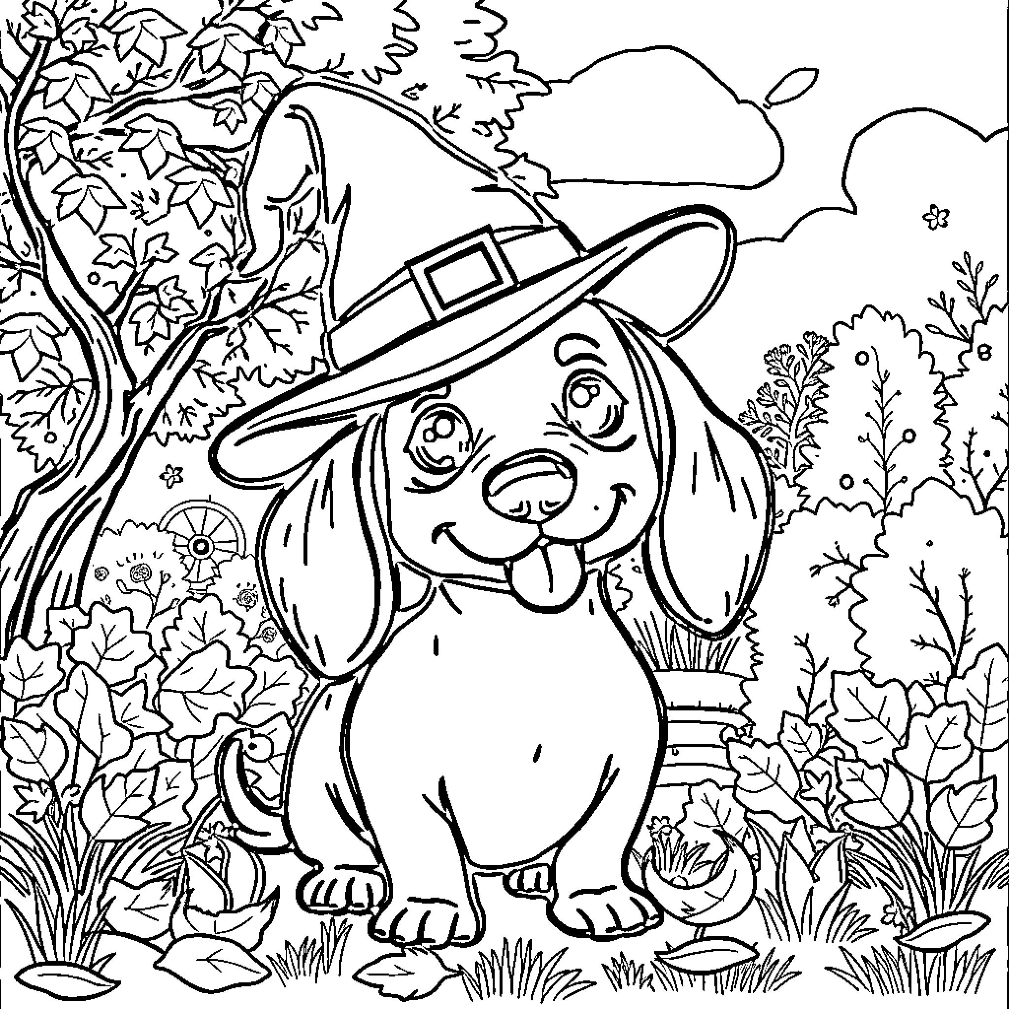 Sausage Dog wearing a Pilgrim hat in the autumn woods Coloring Page (free black-and-white line drawing printable PDF for all, from beginners to advanced learners, including children, teens, adults, and seniors)