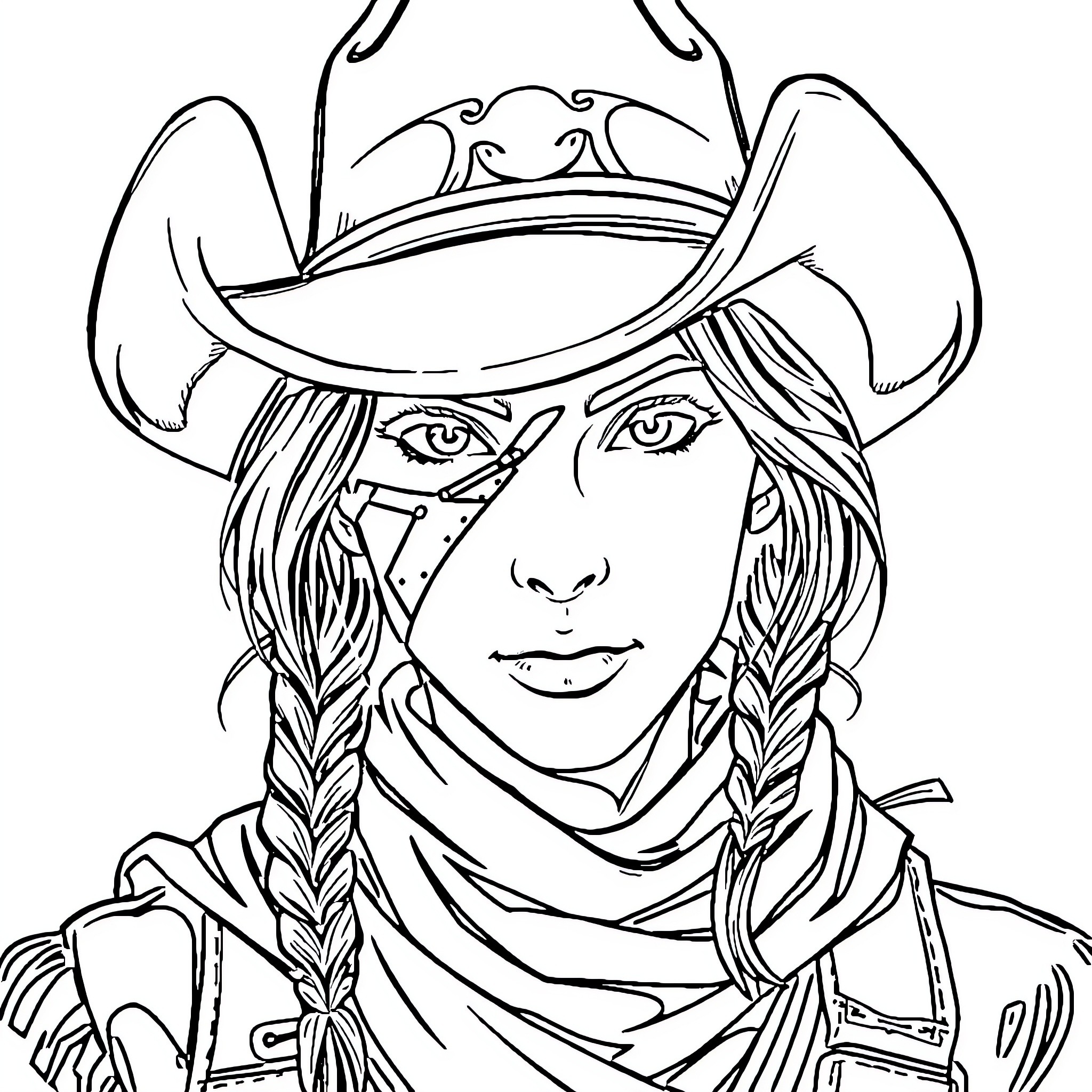 Cowgirl in a Rugged Pose Coloring Page (free black-and-white line drawing printable PDF for all, from beginners to advanced learners, including children, teens, adults, and seniors)