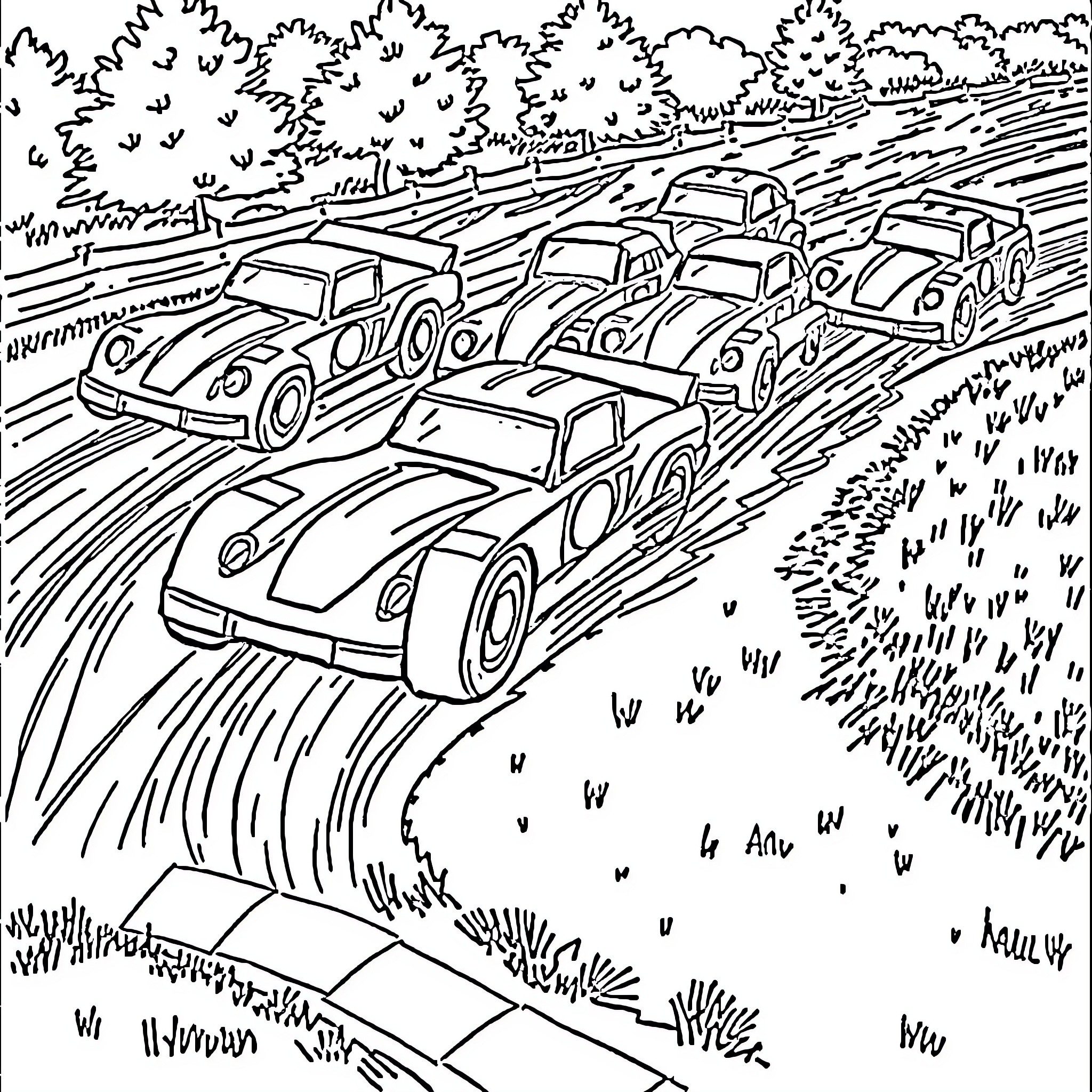 Folkrace Car Racers Speeding Through Scenic Countryside Coloring Page (free black-and-white line drawing printable PDF for all, from beginners to advanced learners, including children, teens, adults, and seniors)