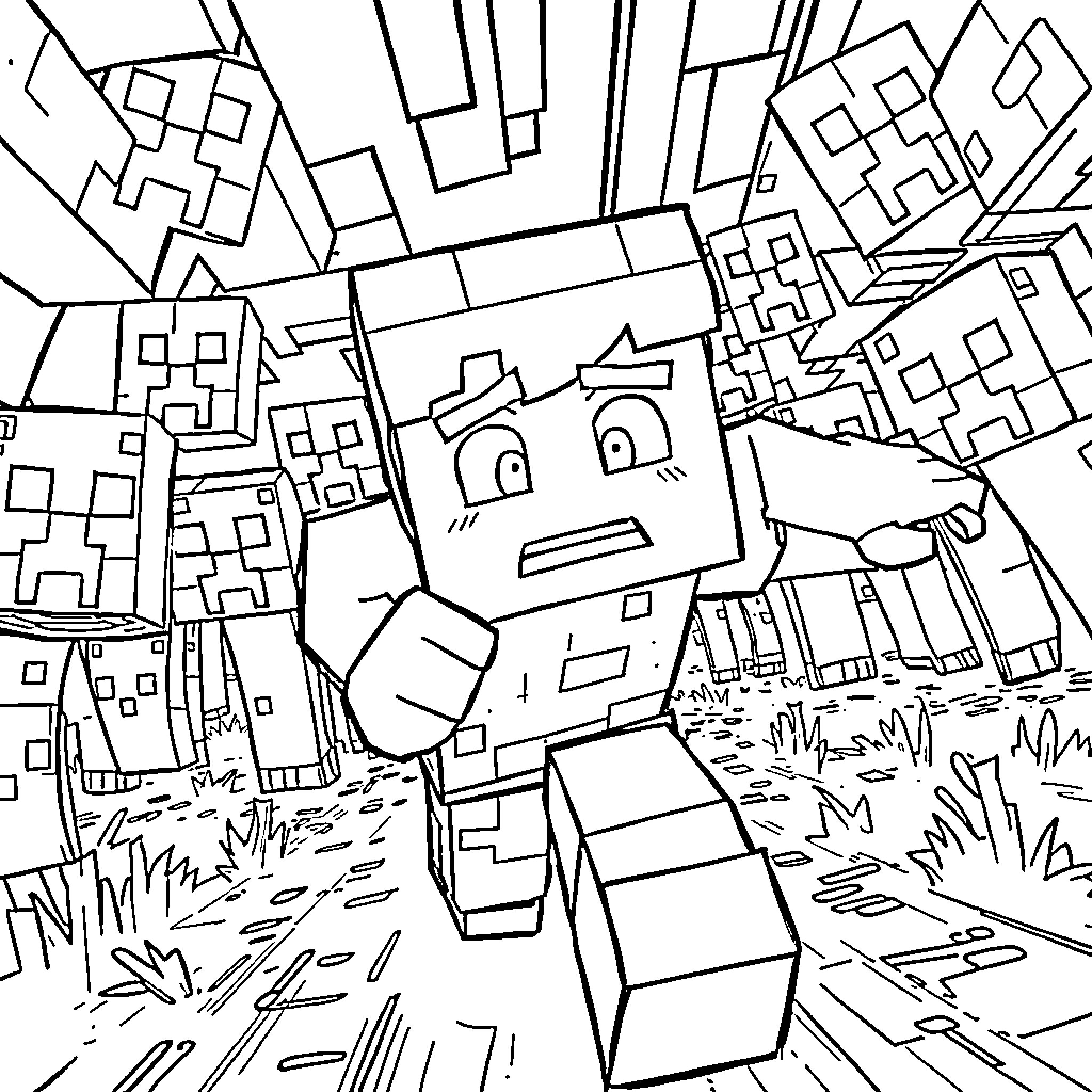 Steve's Playful Minecraft Adventure Coloring Page (free black-and-white line drawing printable PDF for all, from beginners to advanced learners, including children, teens, adults, and seniors)