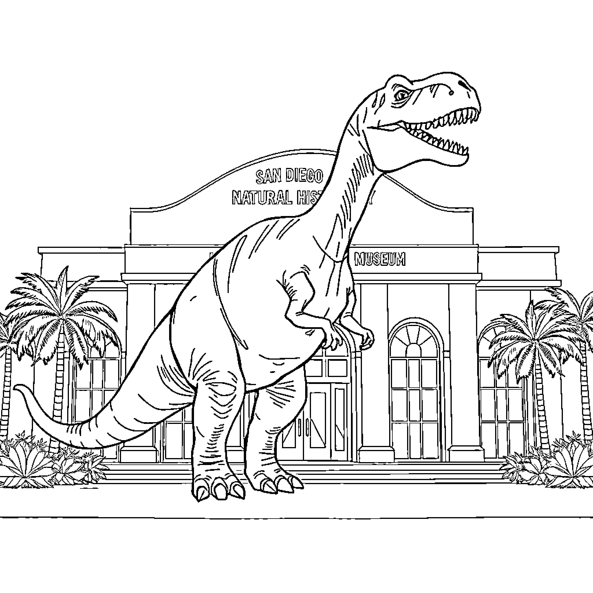Dinosaur guarding the San Diego Natural History Museum Coloring Page (free black-and-white line drawing printable PDF for all, from beginners to advanced learners, including children, teens, adults, and seniors)