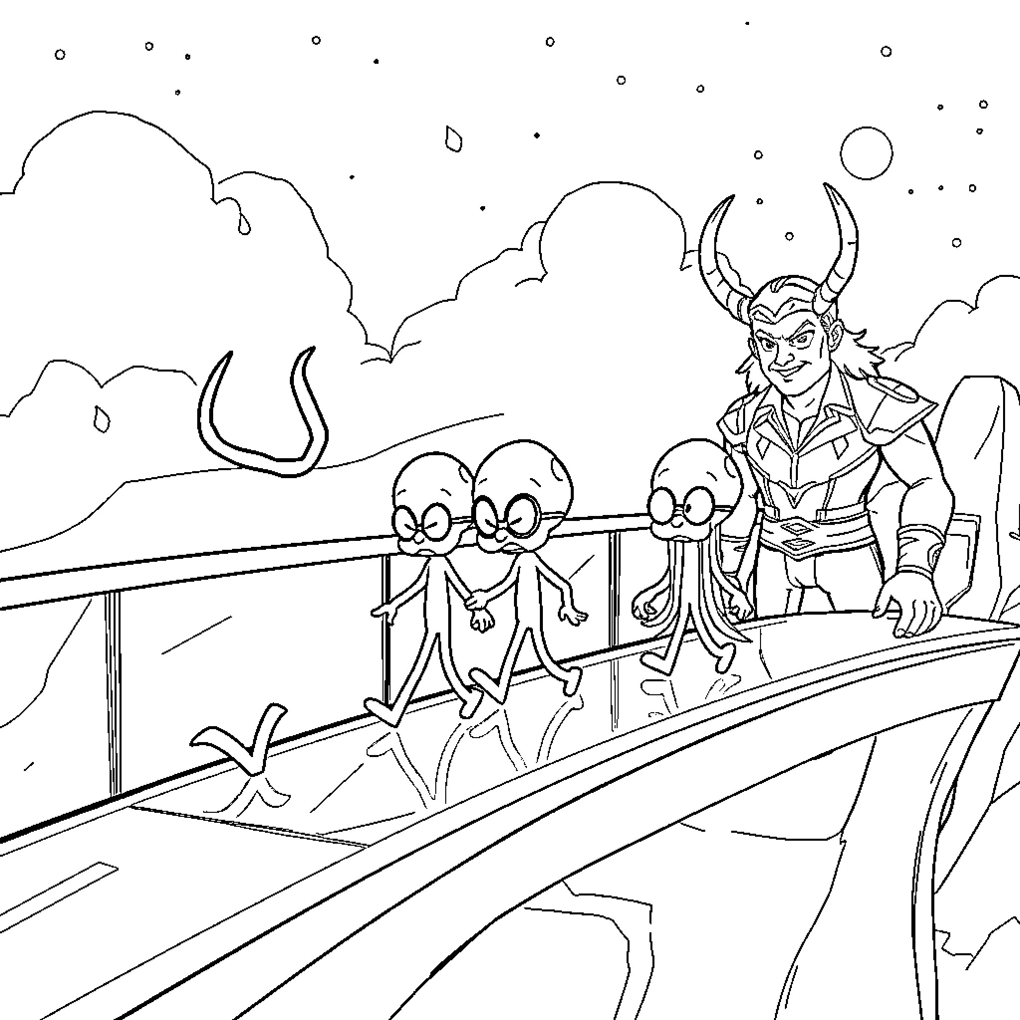 Squid Game Character Observing Masked Participants in Dramatic Landscape Coloring Page (free black-and-white line drawing printable PDF for all, from beginners to advanced learners, including children, teens, adults, and seniors)