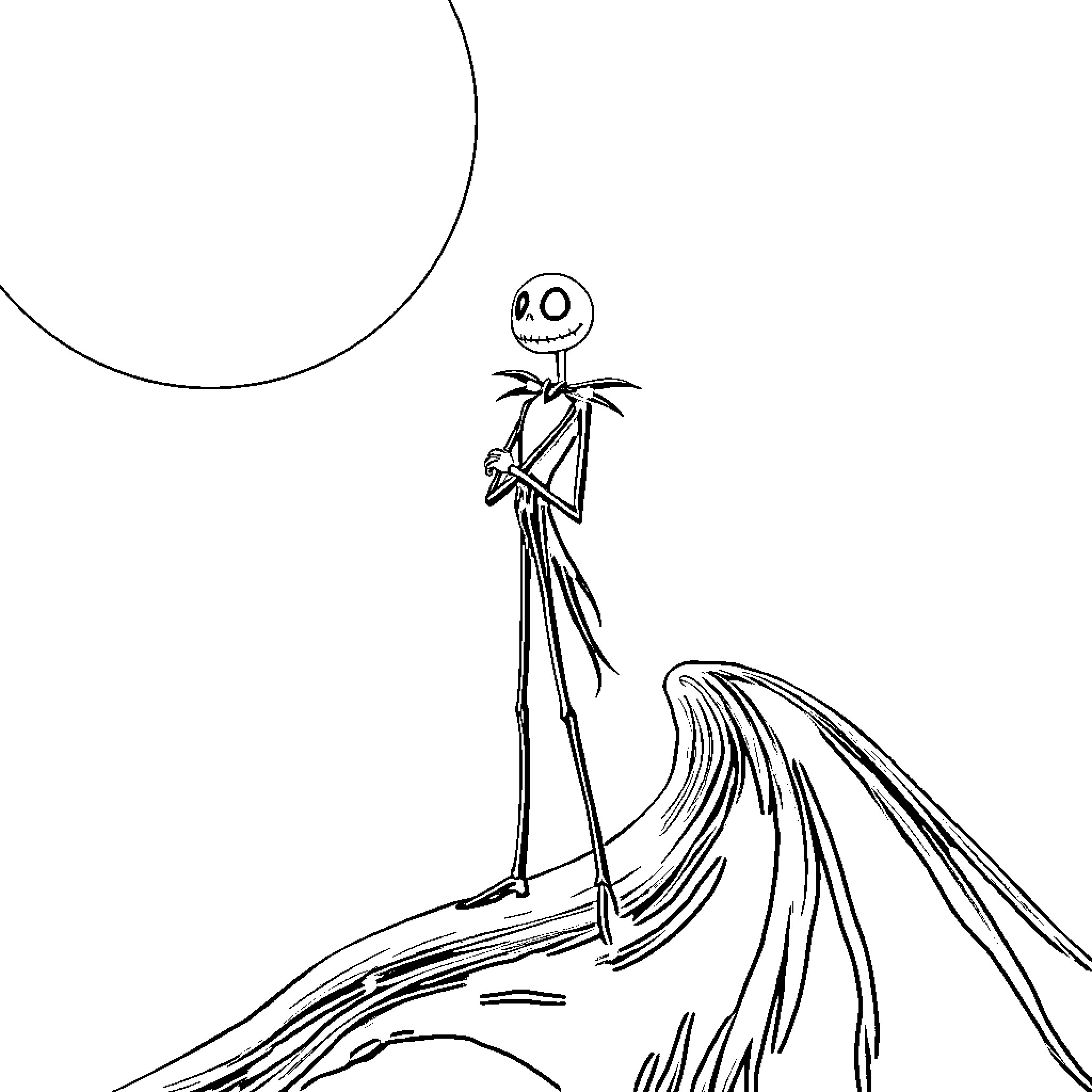 Jack Skellington standing under the moon Coloring Page (free black-and-white line drawing printable PDF for all, from beginners to advanced learners, including children, teens, adults, and seniors)