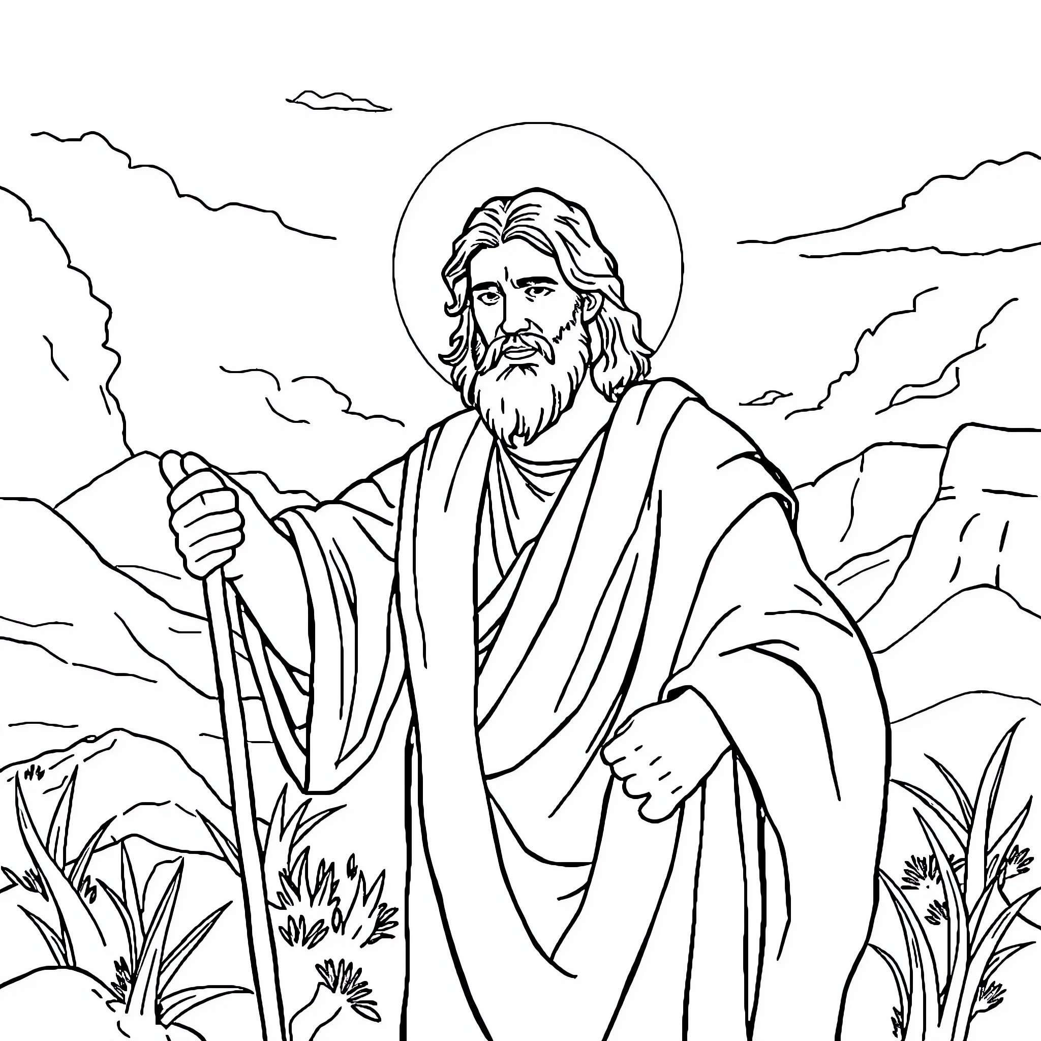 Josue, the Wandering Shepherd of the Mountains Coloring Page (free black-and-white line drawing printable PDF for all, from beginners to advanced learners, including children, teens, adults, and seniors)