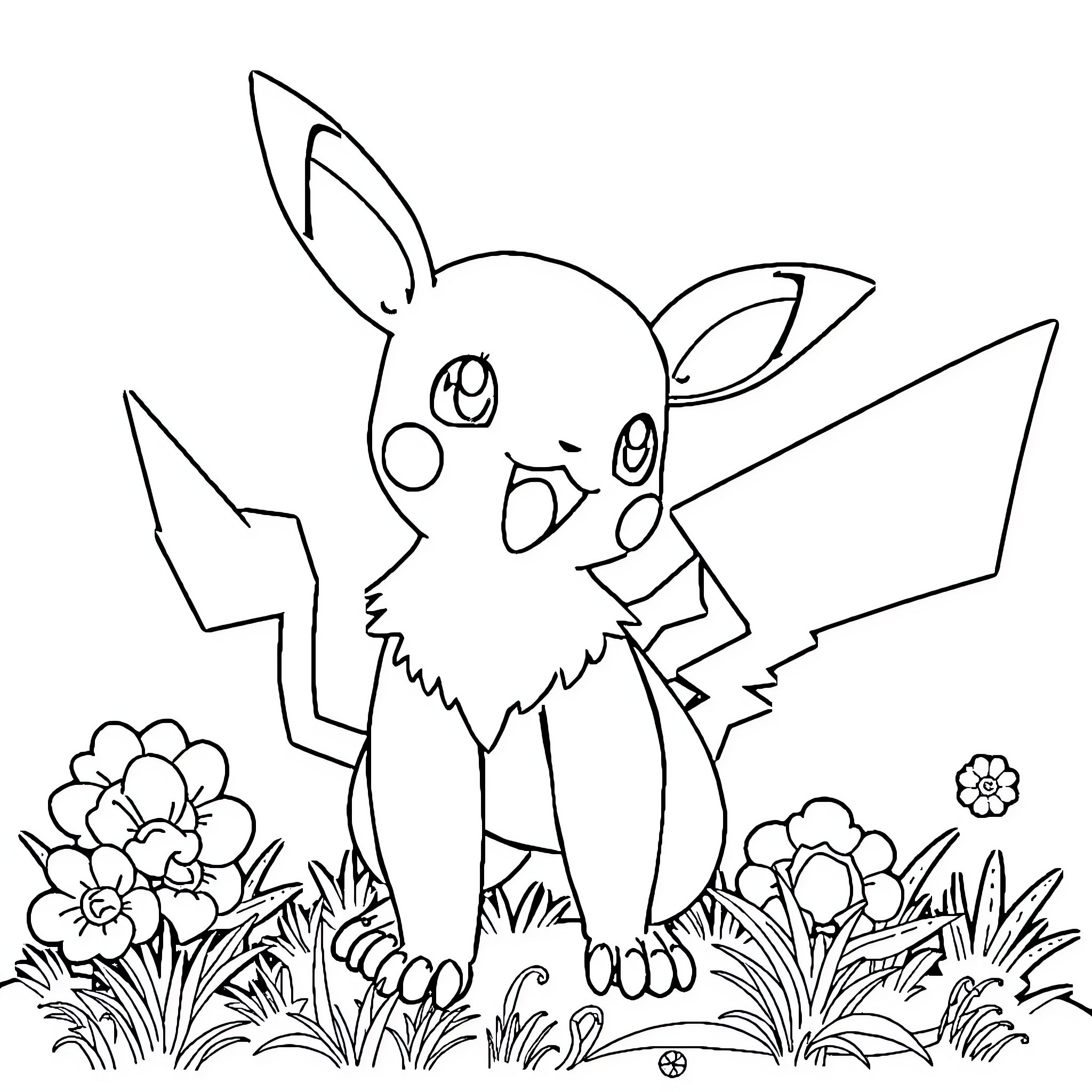 Pokémon character playing in the garden Coloring Page (free black-and-white line drawing printable PDF for all, from beginners to advanced learners, including children, teens, adults, and seniors)