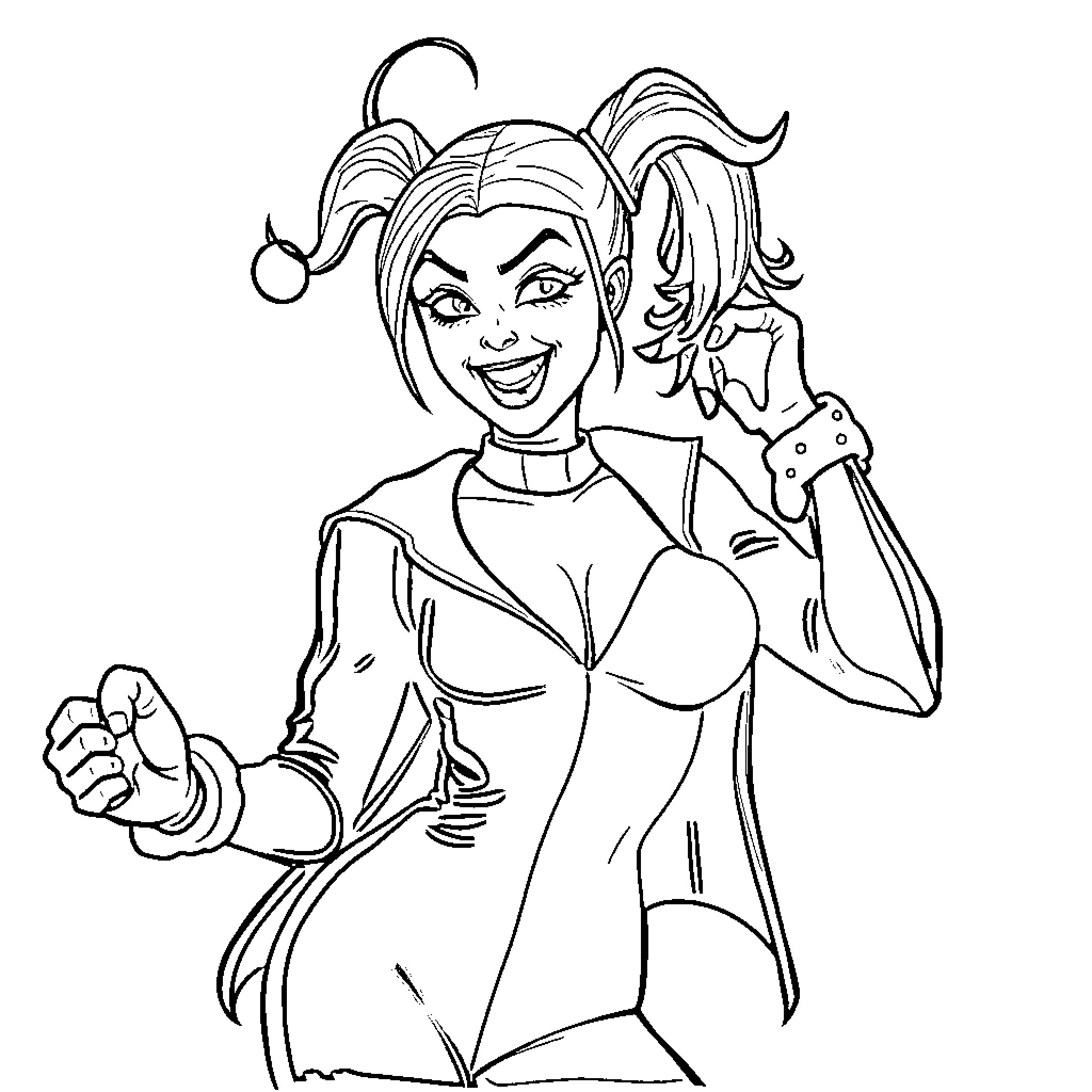Harley Quinn in a playful and mischievous pose Coloring Page (free black-and-white line drawing printable PDF for all, from beginners to advanced learners, including children, teens, adults, and seniors)