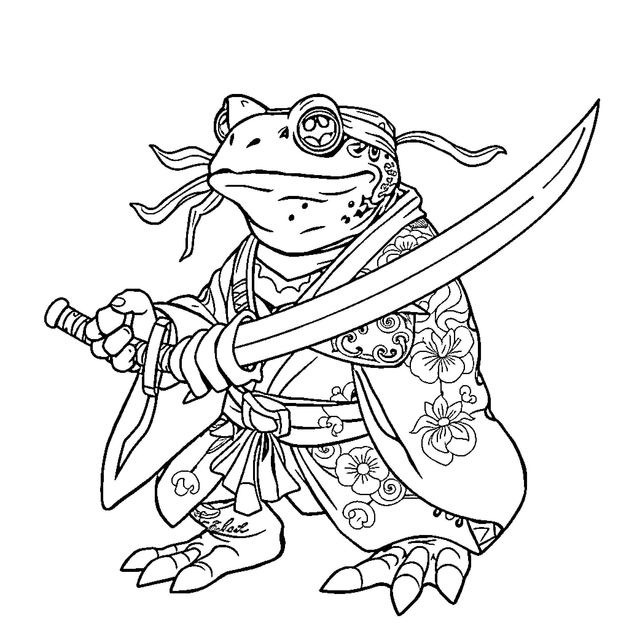 Toad warrior wielding sword with floral armor Coloring Page (free black-and-white line drawing printable PDF for all, from beginners to advanced learners, including children, teens, adults, and seniors)