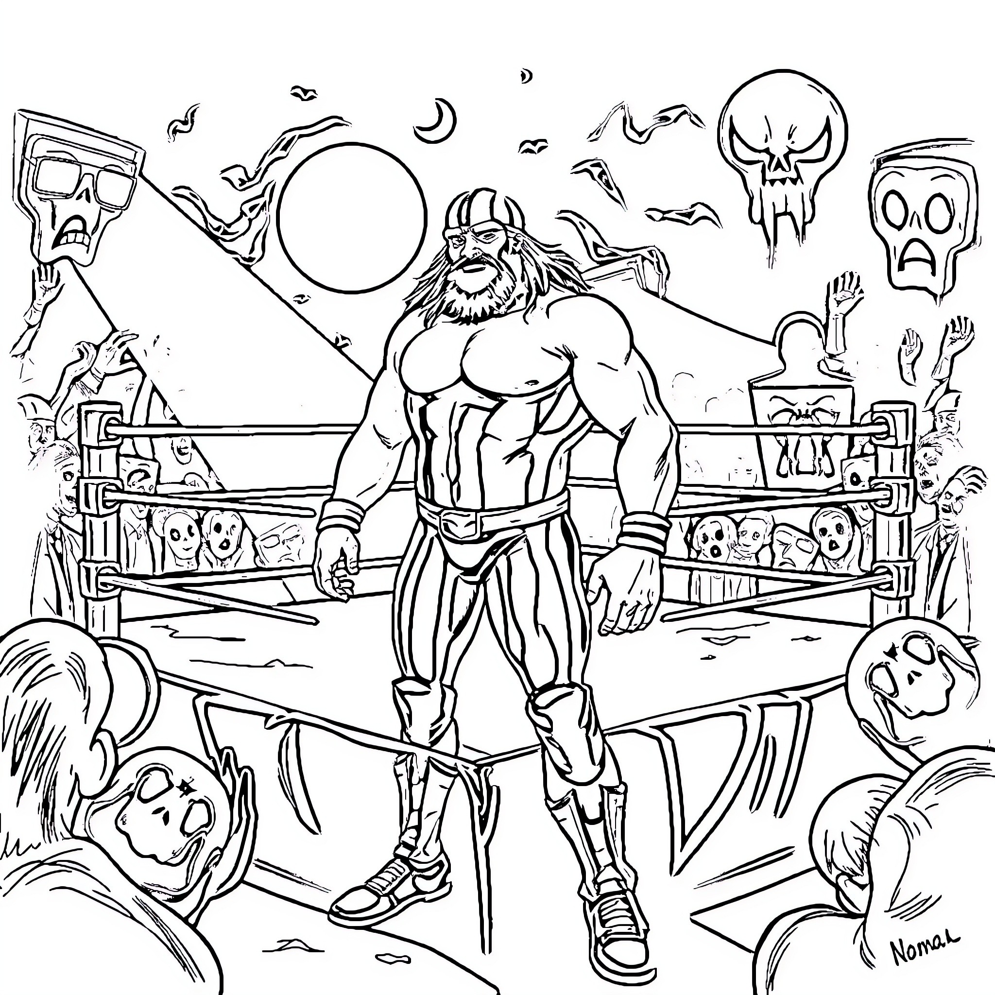 Randy Savage Wrestling in a Surreal Scenario Coloring Page (free black-and-white line drawing printable PDF for all, from beginners to advanced learners, including children, teens, adults, and seniors)