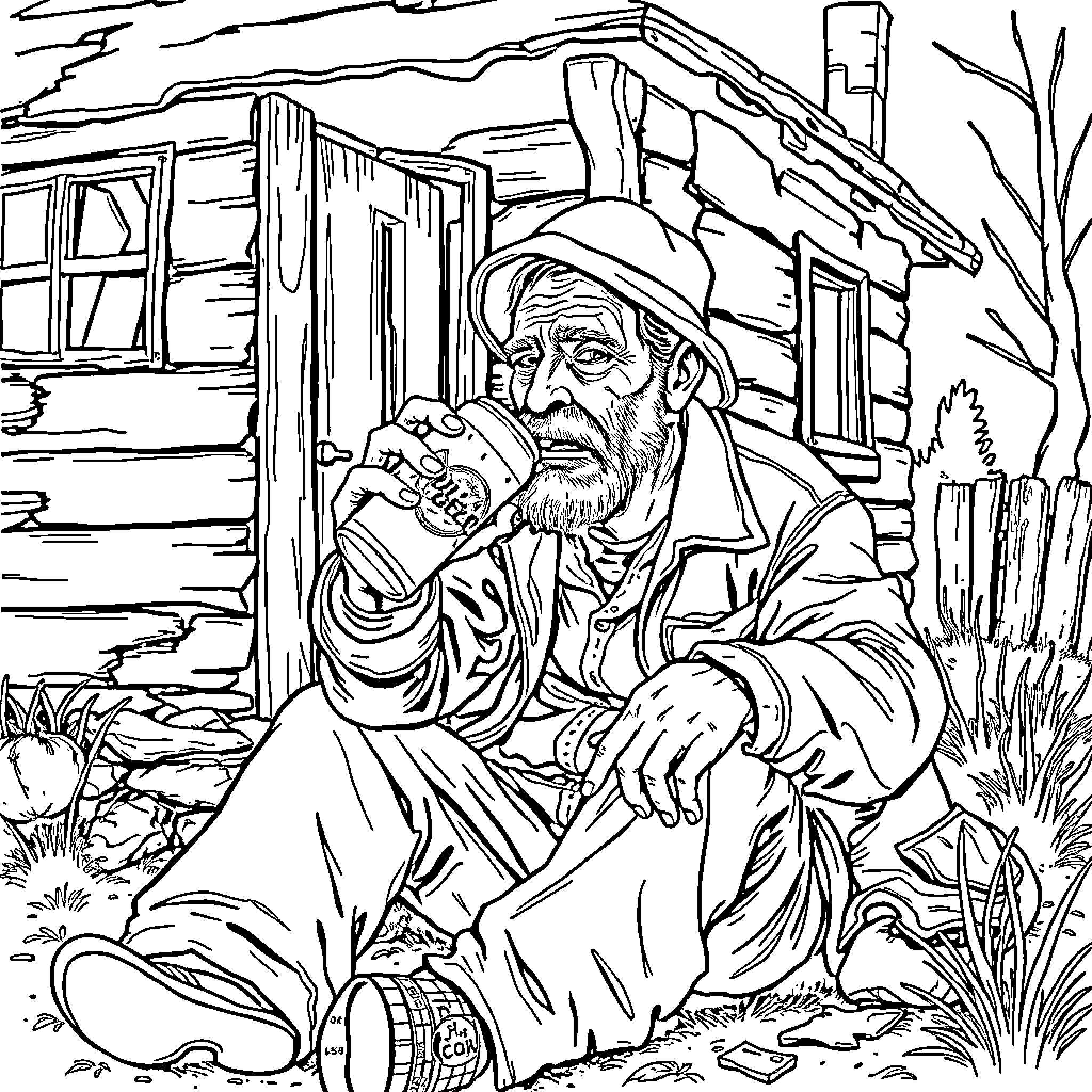 Man resting and drinking by an old wooden cabin Coloring Page (free black-and-white line drawing printable PDF for all, from beginners to advanced learners, including children, teens, adults, and seniors)