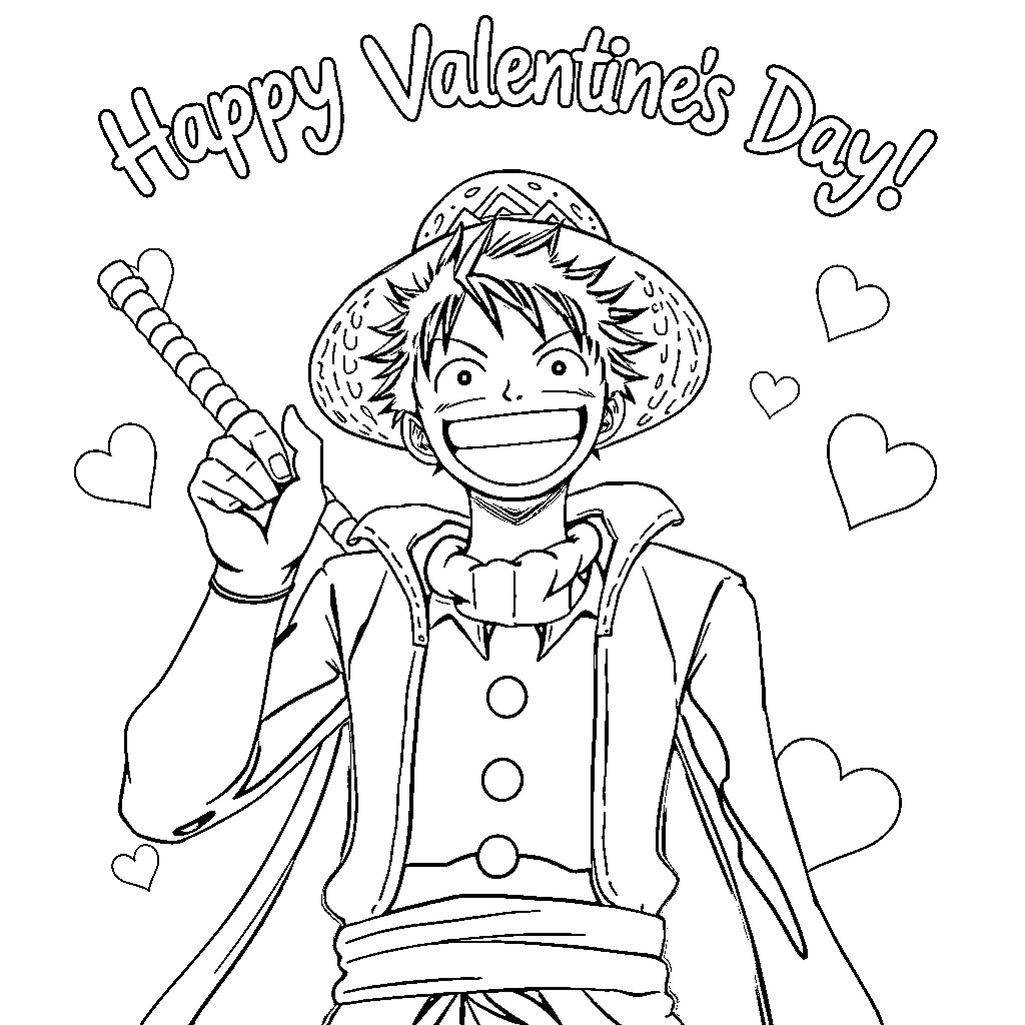 Zoro enthusiastically celebrates Valentine's Day Coloring Page (free black-and-white line drawing printable PDF for all, from beginners to advanced learners, including children, teens, adults, and seniors)