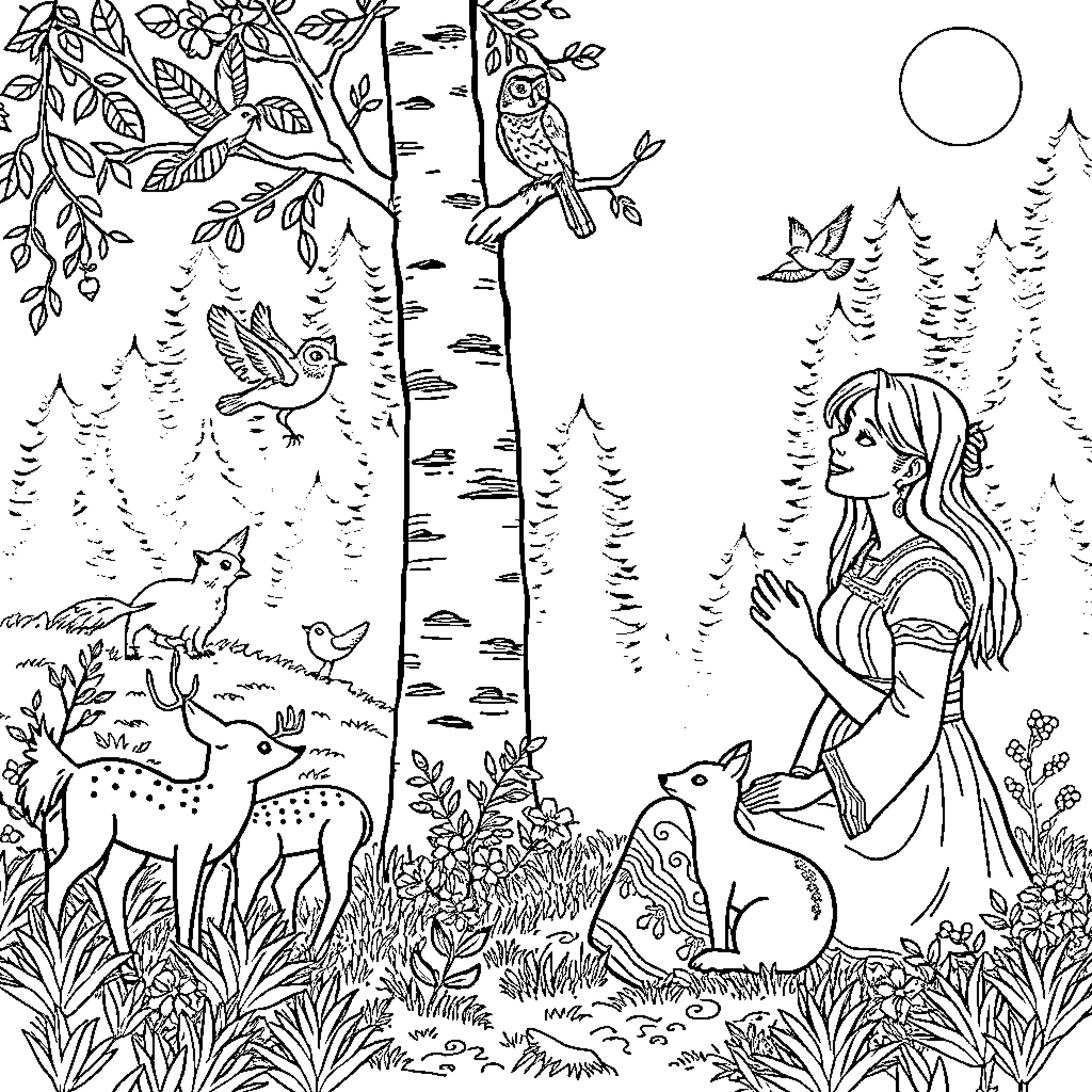 Lady admiring the forest scenery with animals Coloring Page (free black-and-white line drawing printable PDF for all, from beginners to advanced learners, including children, teens, adults, and seniors)