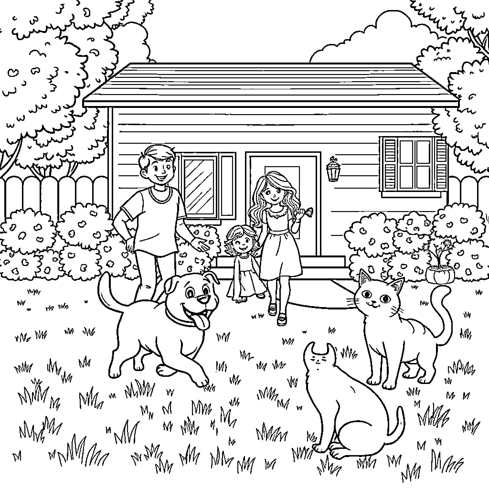 Family enjoying outdoor activities with pets Coloring Page (free black-and-white line drawing printable PDF for all, from beginners to advanced learners, including children, teens, adults, and seniors)