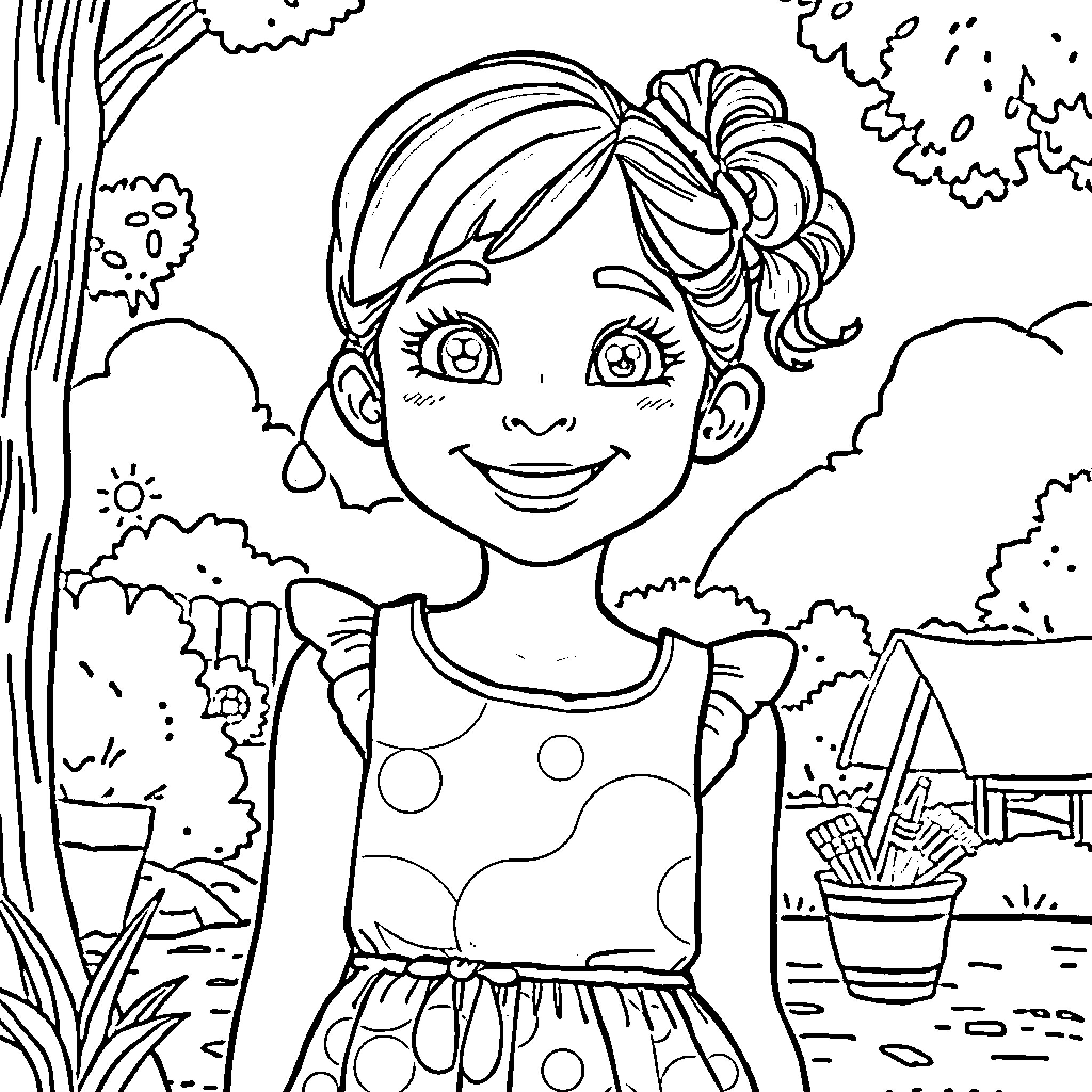 Girl exploring nature with a cheerful expression Coloring Page (free black-and-white line drawing printable PDF for all, from beginners to advanced learners, including children, teens, adults, and seniors)
