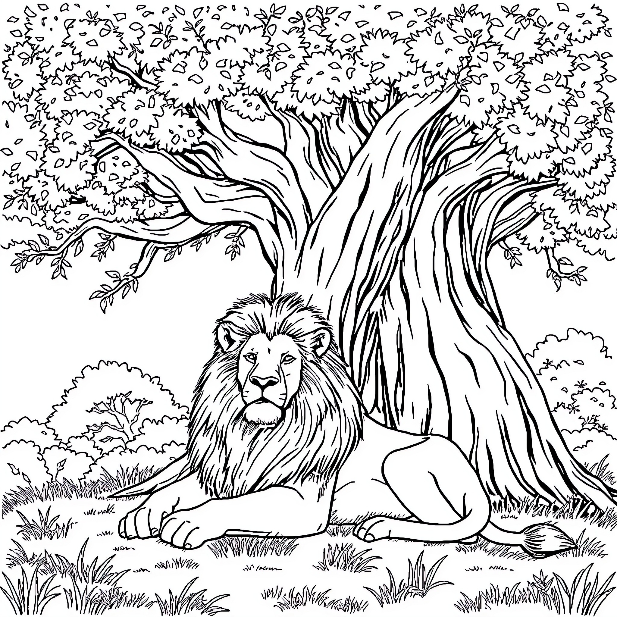 Lion resting peacefully in the lush forest Coloring Page (free black-and-white line drawing printable PDF for all, from beginners to advanced learners, including children, teens, adults, and seniors)