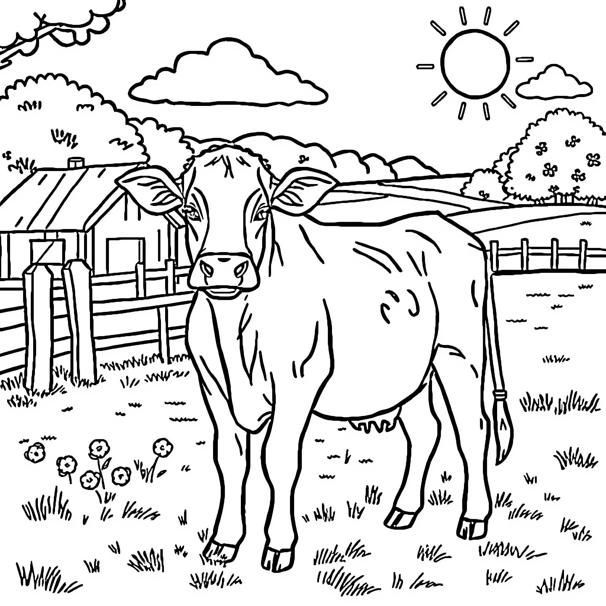 Cow peacefully grazing in the countryside Coloring Page (free black-and-white line drawing printable PDF for all, from beginners to advanced learners, including children, teens, adults, and seniors)