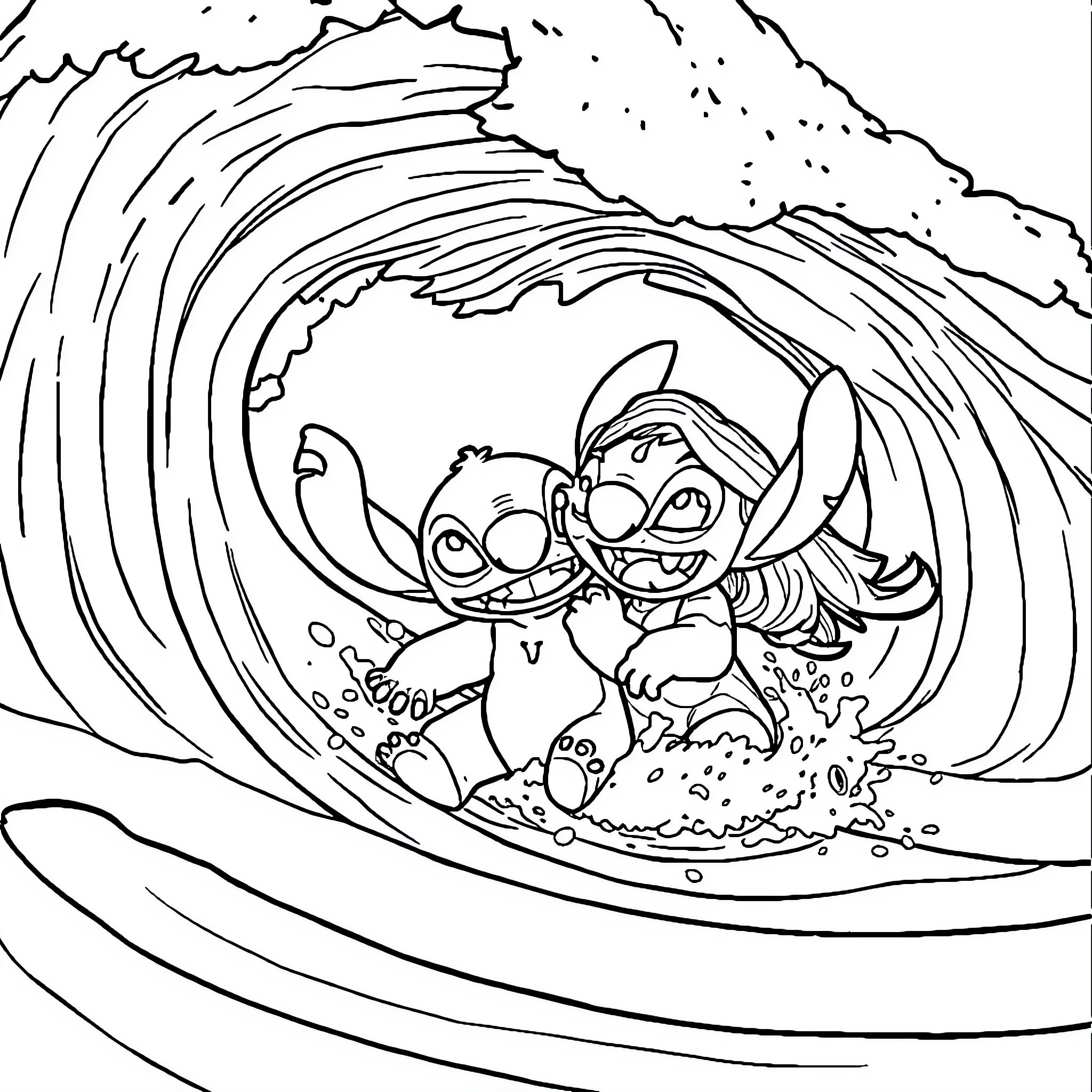 Lilo and Stitch surfing in a giant wave Coloring Page (free black-and-white line drawing printable PDF for all, from beginners to advanced learners, including children, teens, adults, and seniors)