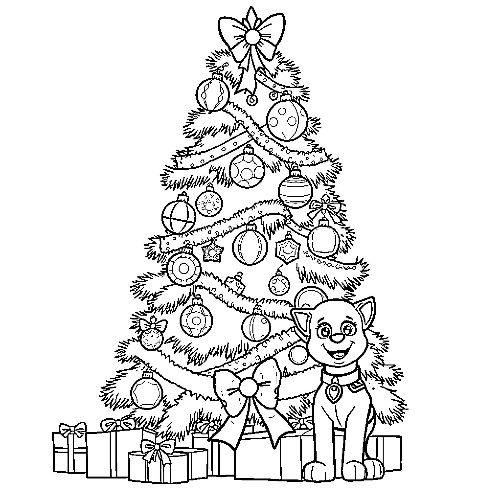 Christmas Tree decorated with ornaments and a dog Coloring Page (free black-and-white line drawing printable PDF for all, from beginners to advanced learners, including children, teens, adults, and seniors)