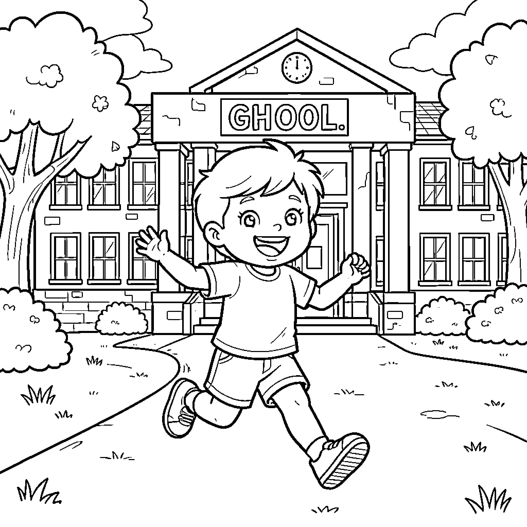 Grade One student running happily towards the school building Coloring Page (free black-and-white line drawing printable PDF for all, from beginners to advanced learners, including children, teens, adults, and seniors)