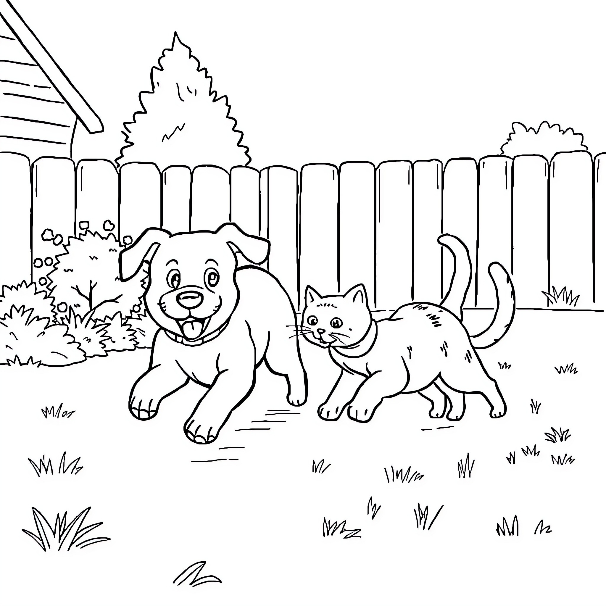 Dog and cat playing together in the backyard Coloring Page (free black-and-white line drawing printable PDF for all, from beginners to advanced learners, including children, teens, adults, and seniors)