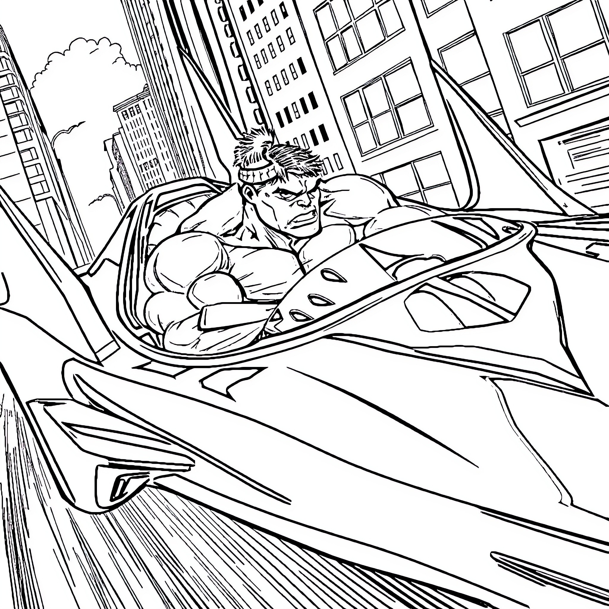 Hulk Speeding Through the City in a Futuristic Hover Vehicle Coloring Page (free black-and-white line drawing printable PDF for all, from beginners to advanced learners, including children, teens, adults, and seniors)