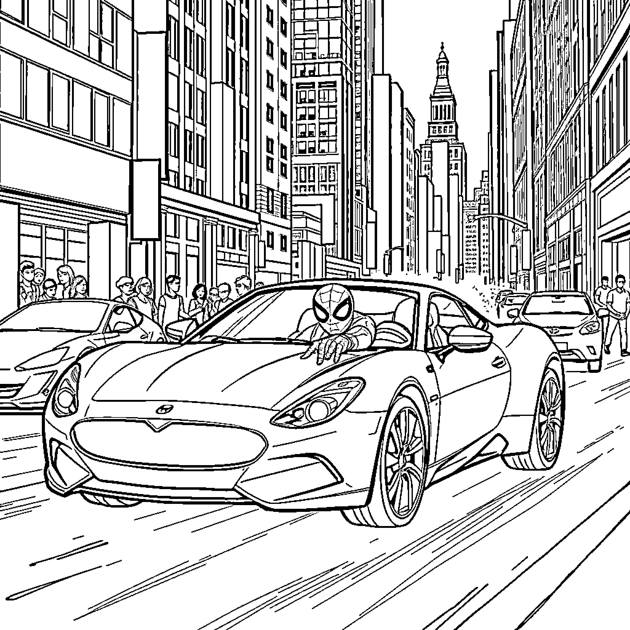 Spiderman swinging through a bustling city Coloring Page (free black-and-white line drawing printable PDF for all, from beginners to advanced learners, including children, teens, adults, and seniors)