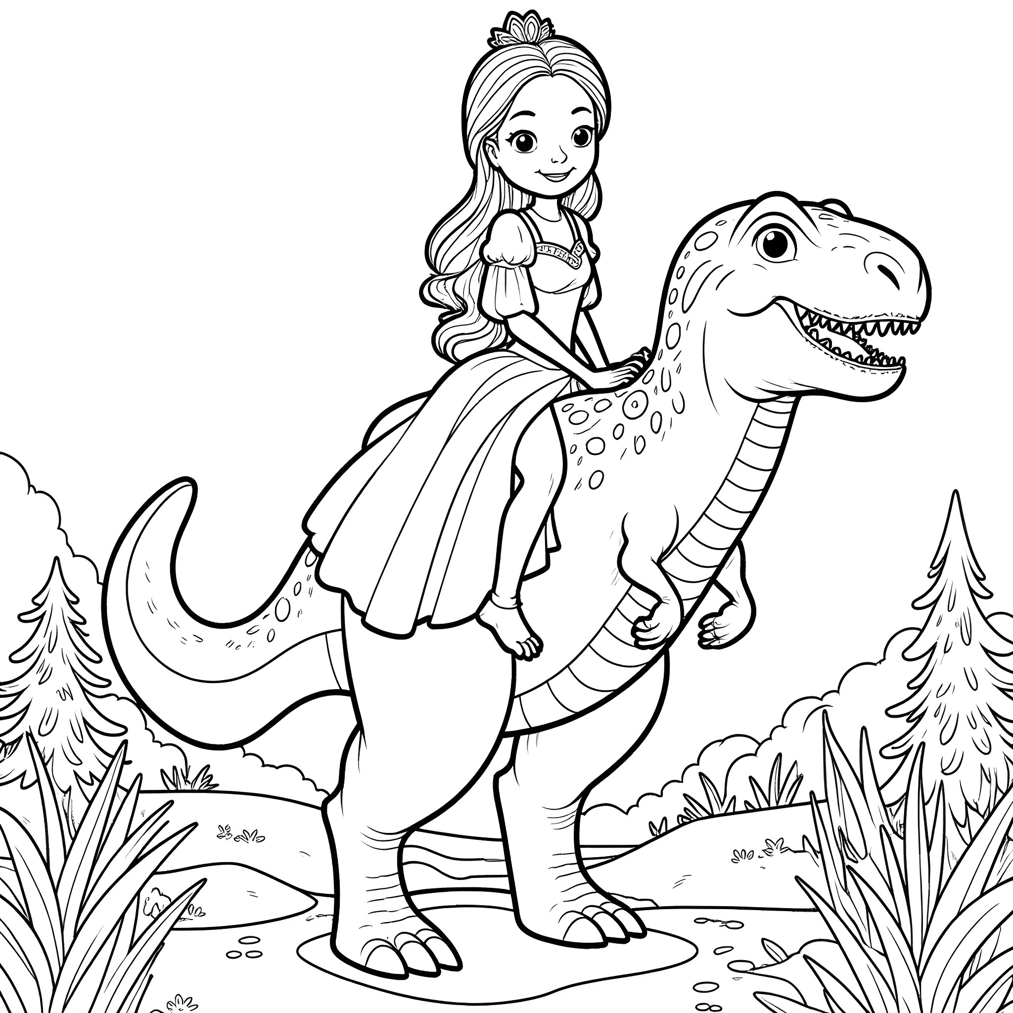 Princess Riding a Friendly Dinosaur in the Forest Coloring Page (free black-and-white line drawing printable PDF for all, from beginners to advanced learners, including children, teens, adults, and seniors)