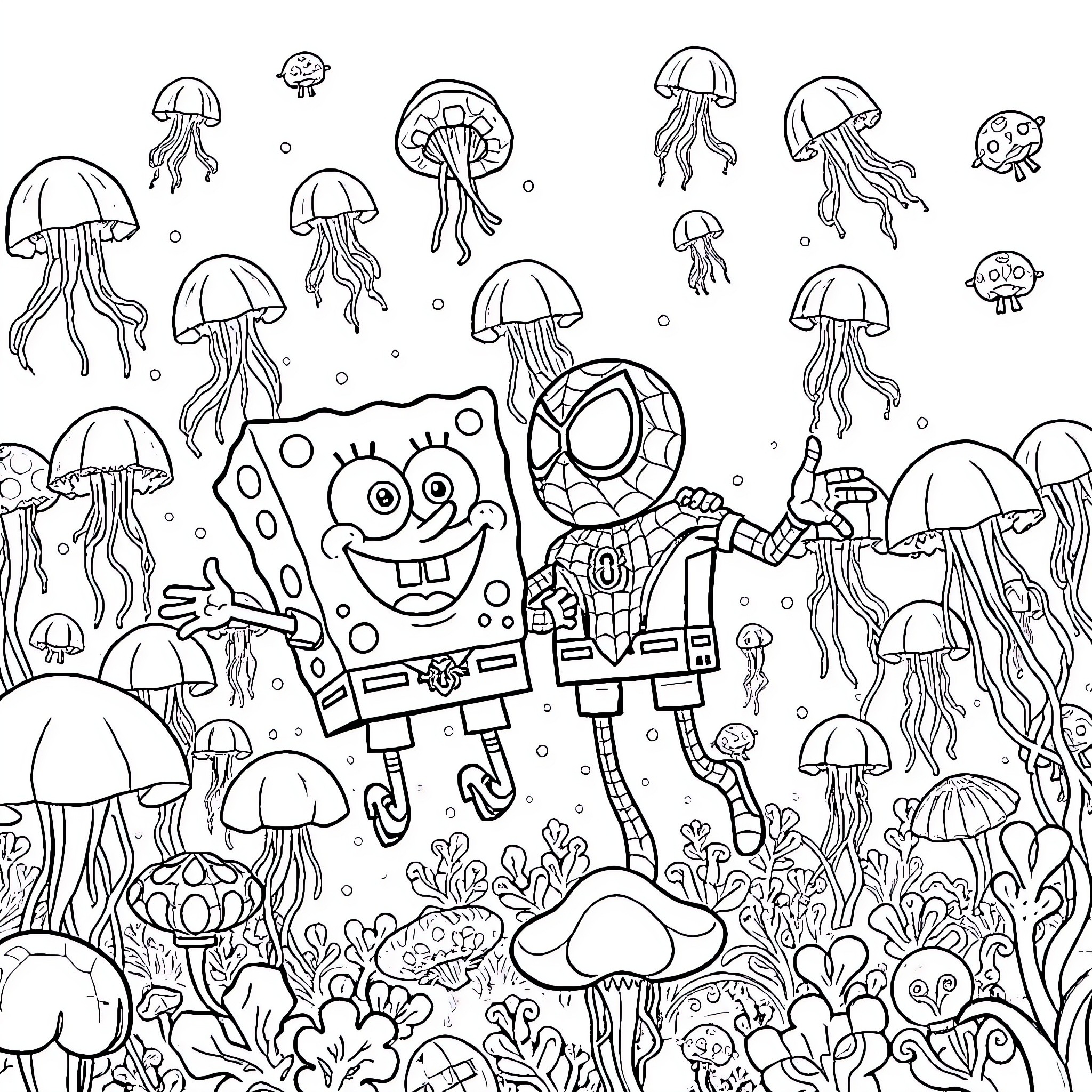 Spongebob and Spiderman Explore the Underwater Jellyfish Garden Coloring Page (free black-and-white line drawing printable PDF for all, from beginners to advanced learners, including children, teens, adults, and seniors)