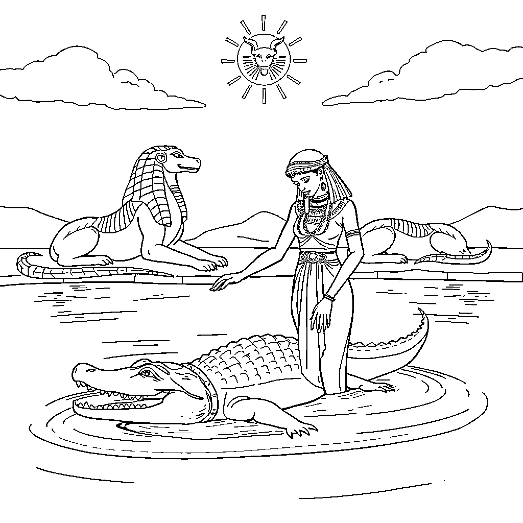 Cleopatra Interacting with Mythical Creatures Coloring Page (free black-and-white line drawing printable PDF for all, from beginners to advanced learners, including children, teens, adults, and seniors)