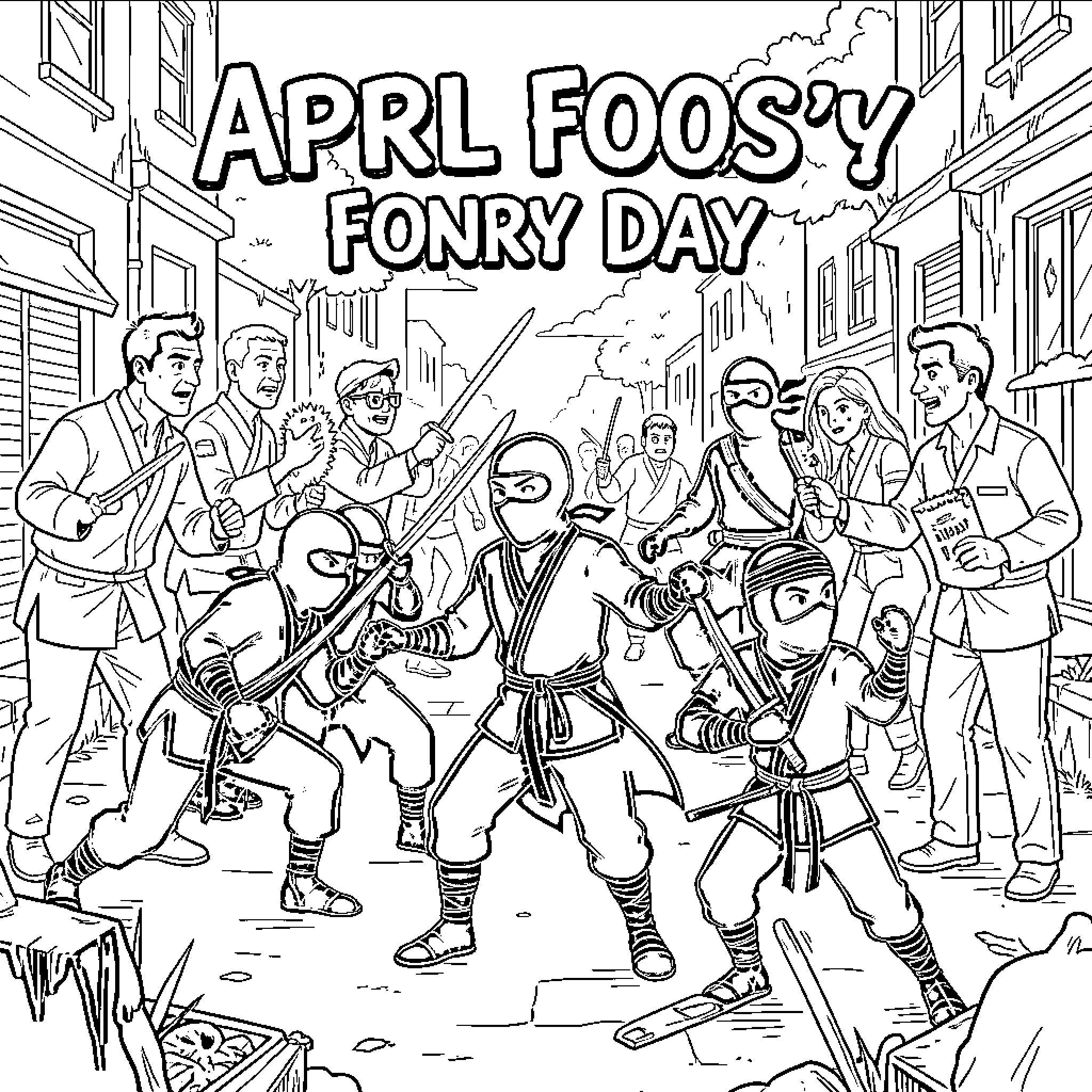 Ninja Mischief and Mayhem on April Fools' Day Coloring Page (free black-and-white line drawing printable PDF for all, from beginners to advanced learners, including children, teens, adults, and seniors)
