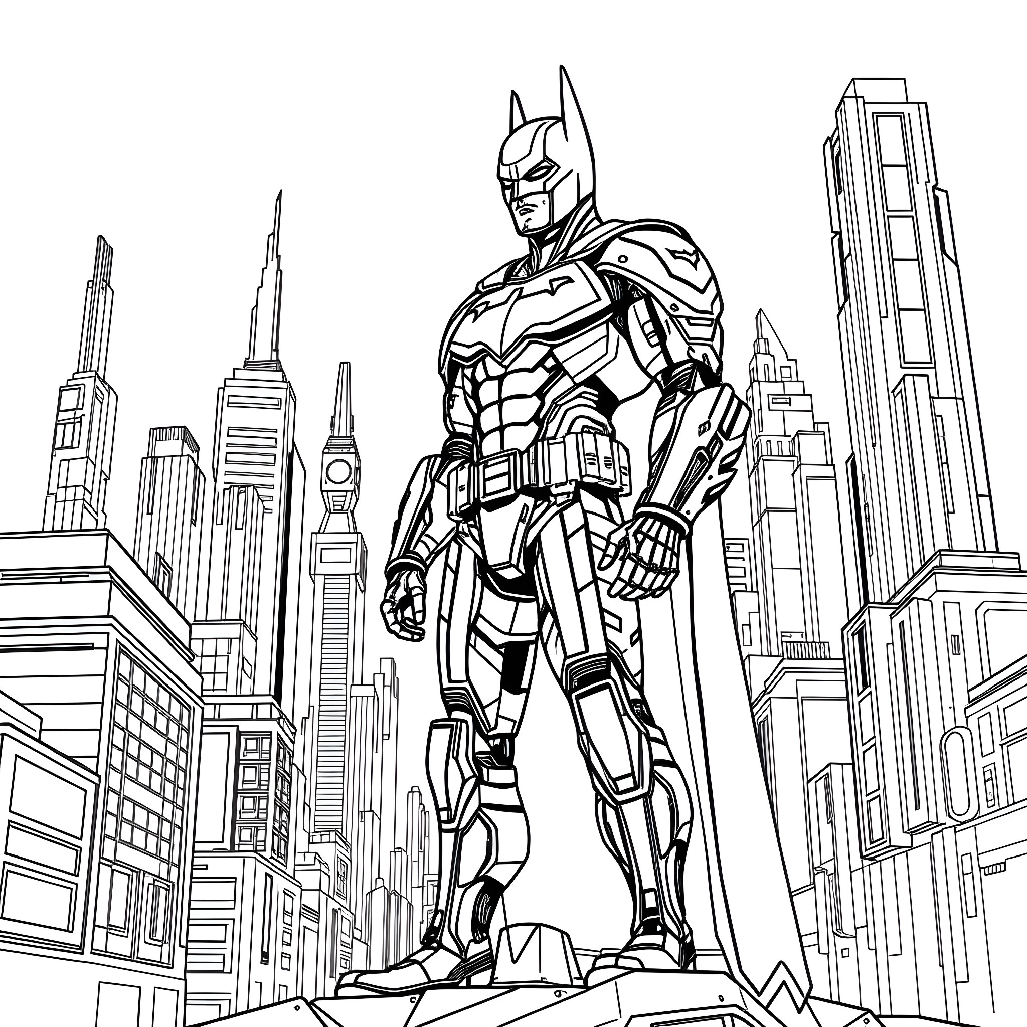 Cyborg Batman heroically standing in a futuristic city Coloring Page (free black-and-white line drawing printable PDF for all, from beginners to advanced learners, including children, teens, adults, and seniors)
