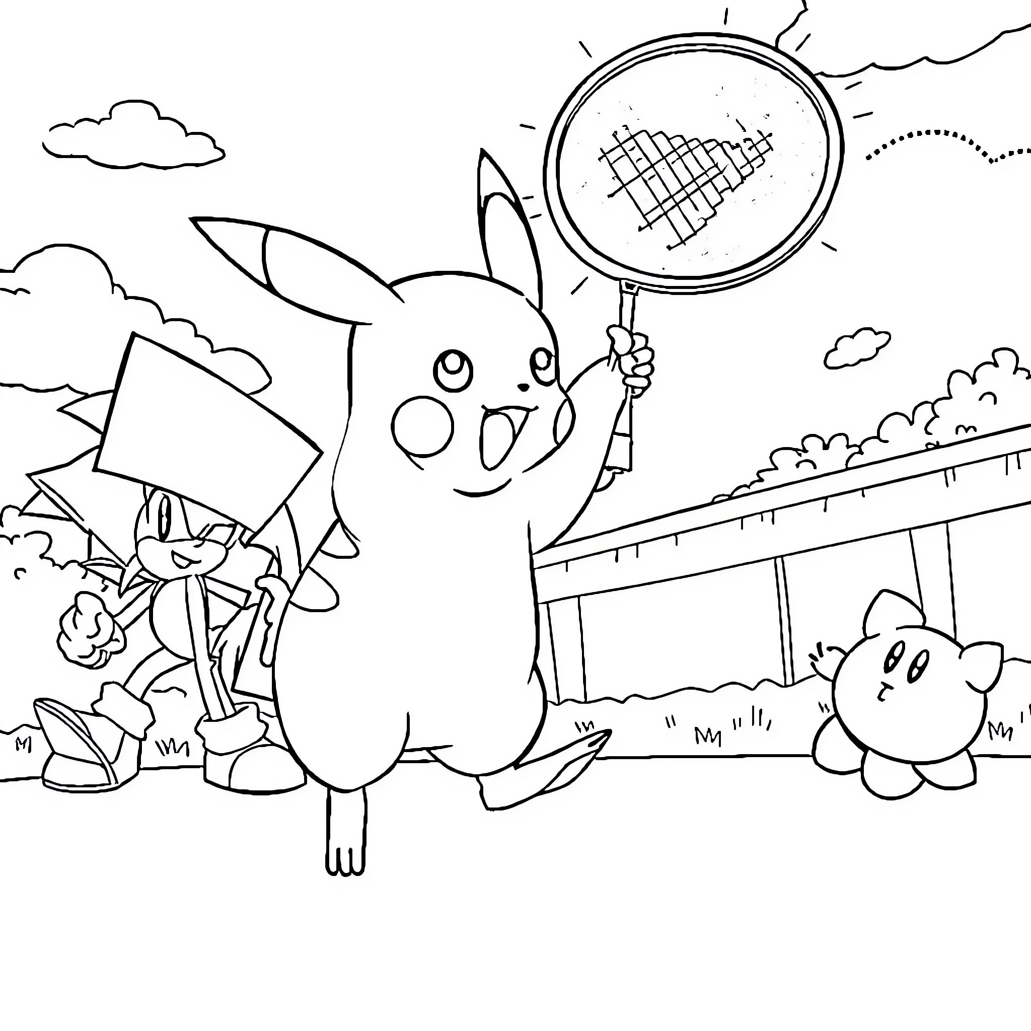 Pikachu playing happily with magnifying glass in nature Coloring Page (free black-and-white line drawing printable PDF for all, from beginners to advanced learners, including children, teens, adults, and seniors)