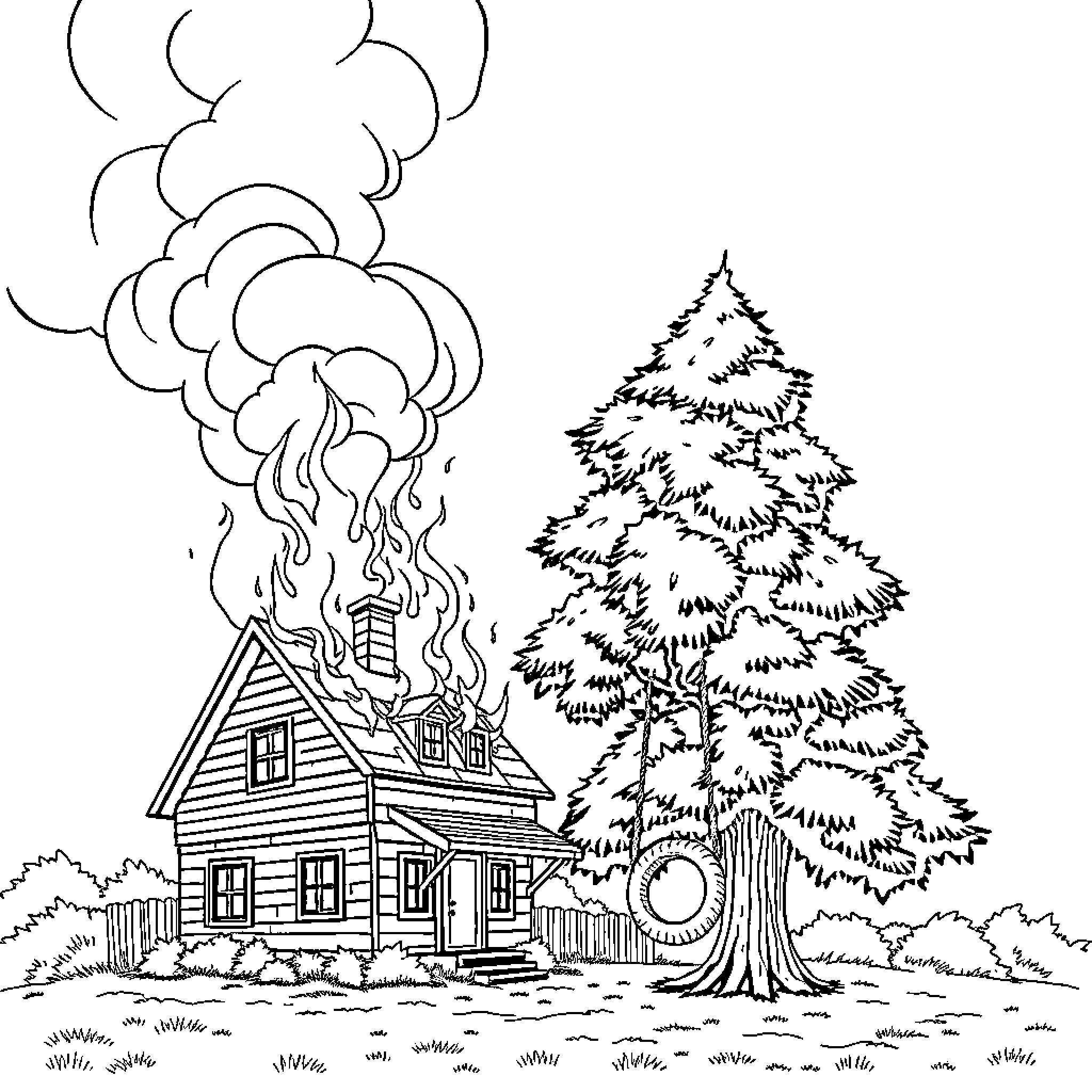 House engulfed in flames beside tall pine tree Coloring Page (free black-and-white line drawing printable PDF for all, from beginners to advanced learners, including children, teens, adults, and seniors)