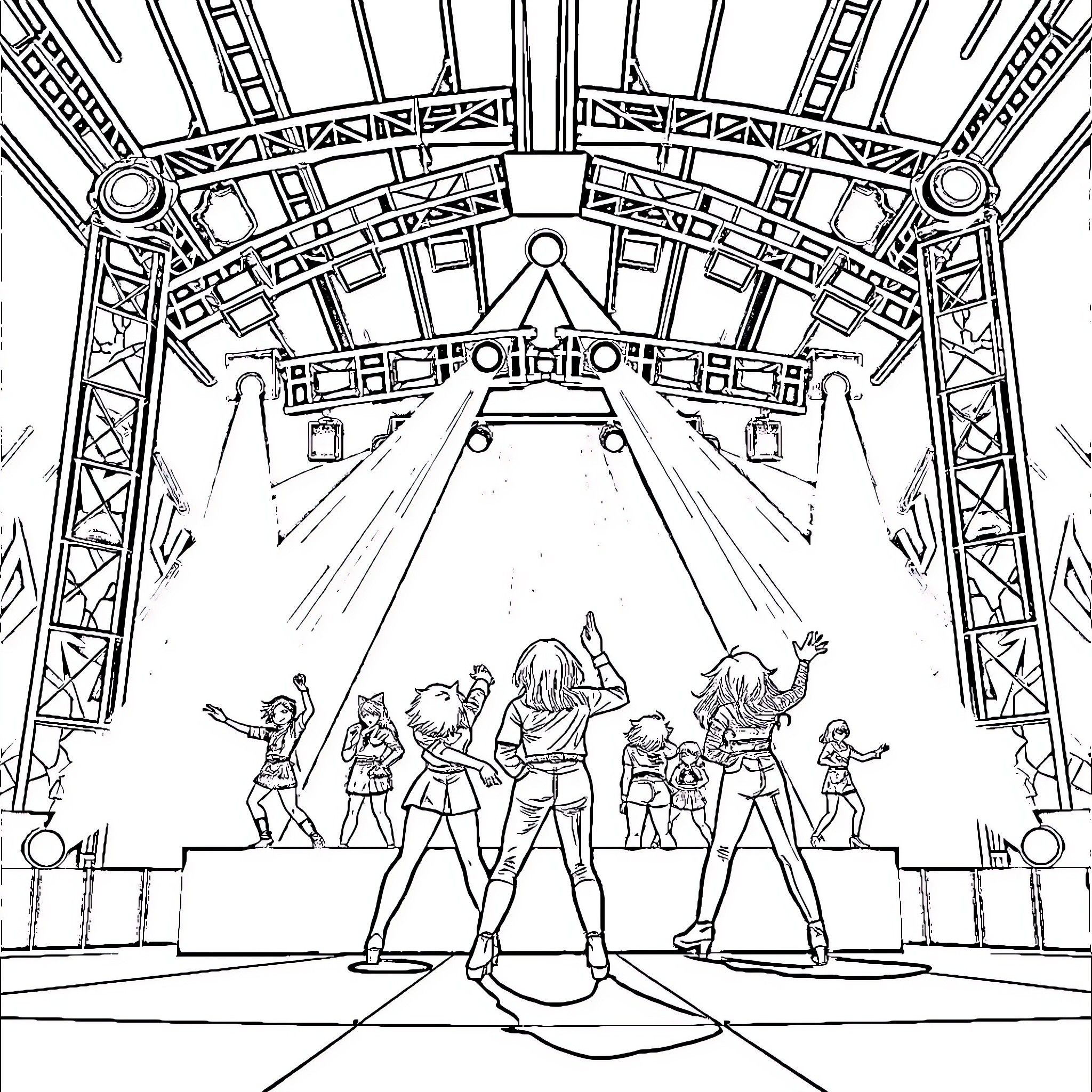 Kpop performers on a grand stage Coloring Page (free black-and-white line drawing printable PDF for all, from beginners to advanced learners, including children, teens, adults, and seniors)