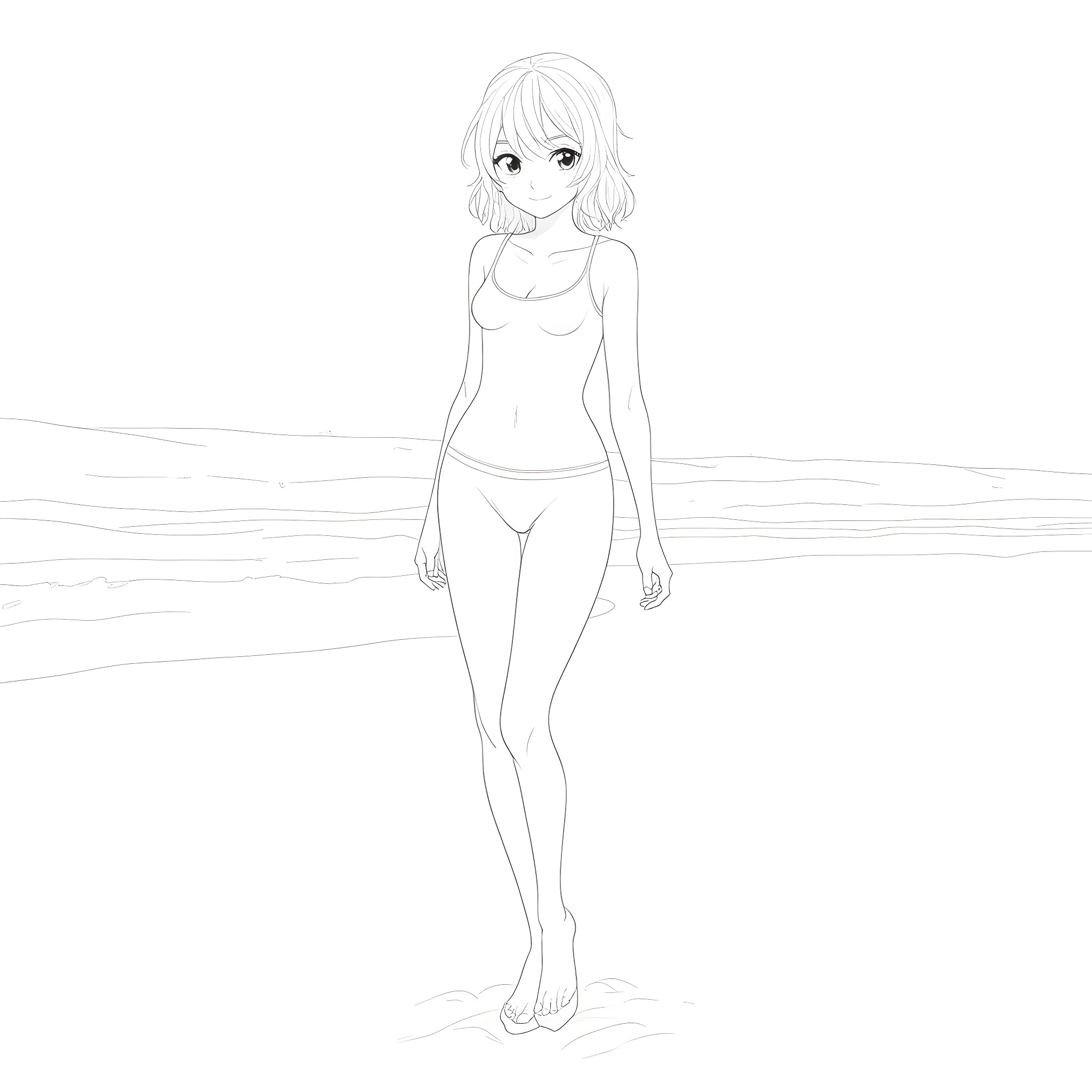 Anime Girl Standing by the Sea Coloring Page (free black-and-white line drawing printable PDF for all, from beginners to advanced learners, including children, teens, adults, and seniors)